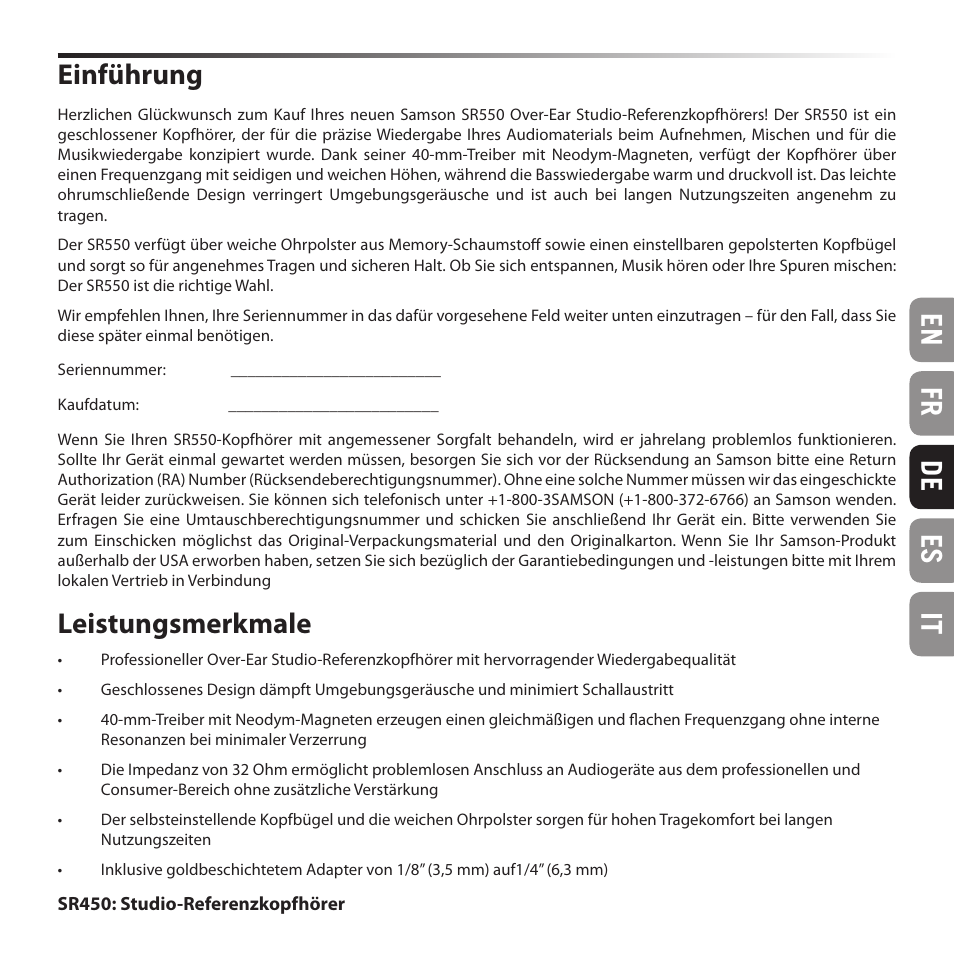 En fr de es it einführung, Leistungsmerkmale | Samson SR 550 Over-Ear Studio Headphones User Manual | Page 9 / 16