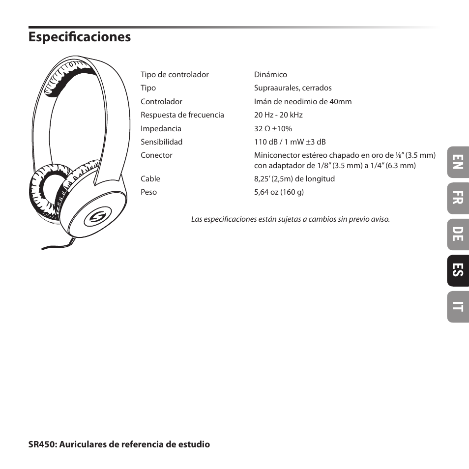 En fr de es it, Especificaciones | Samson SR 450 On-Ear Studio Headphones User Manual | Page 13 / 16