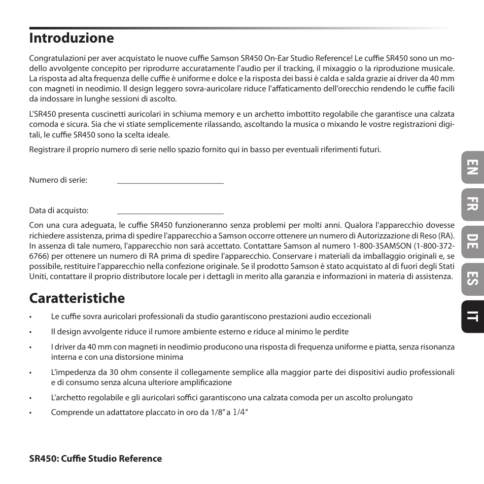 En fr de es it introduzione, Caratteristiche | Samson SR 450 On-Ear Studio Headphones User Manual | Page 15 / 16