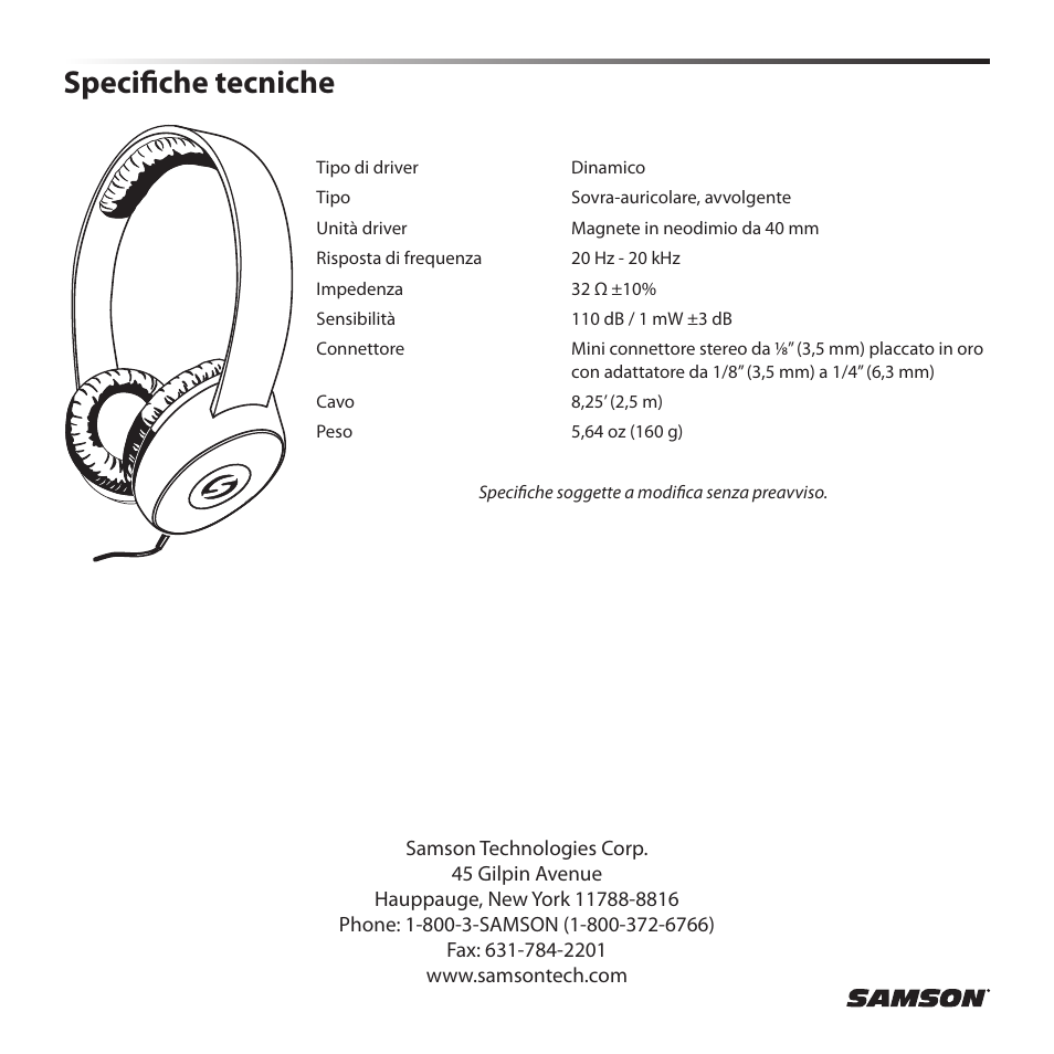 Specifiche tecniche | Samson SR 450 On-Ear Studio Headphones User Manual | Page 16 / 16