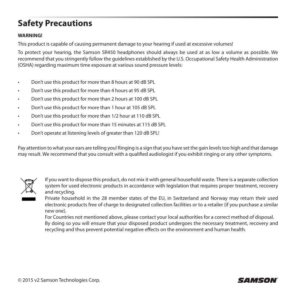 Safety precautions | Samson SR 450 On-Ear Studio Headphones User Manual | Page 2 / 16