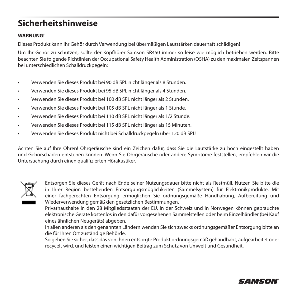 Sicherheitshinweise | Samson SR 450 On-Ear Studio Headphones User Manual | Page 8 / 16