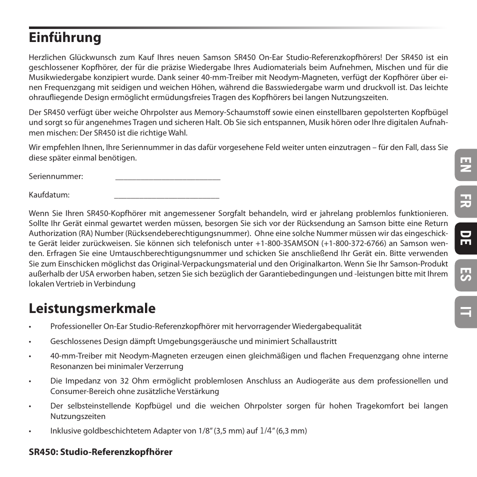 En fr de es it einführung, Leistungsmerkmale | Samson SR 450 On-Ear Studio Headphones User Manual | Page 9 / 16