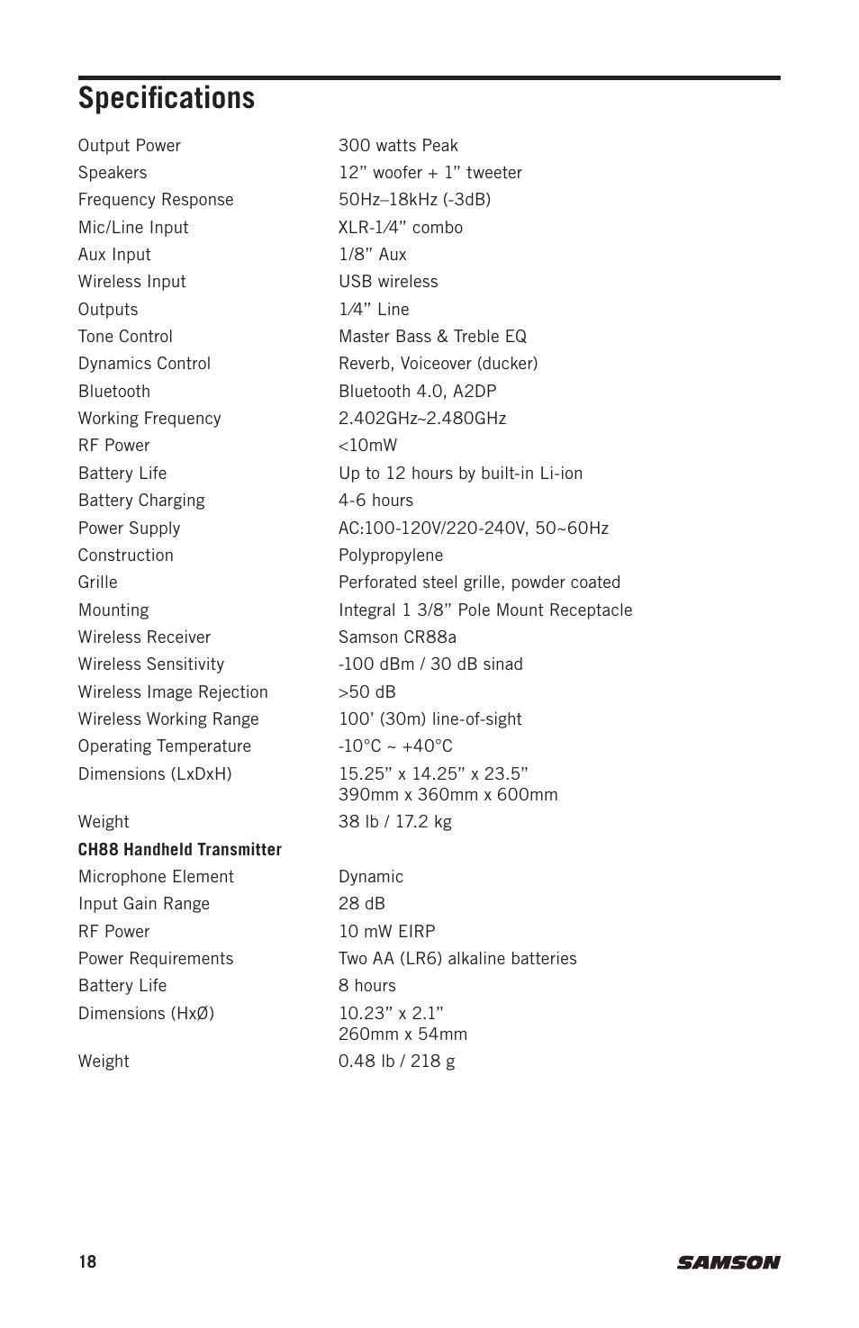 Specifications | Samson Expedition XP312w-D 12" 300W Portable PA System with Wireless Microphone (Band D: 542 to 566 MHz) User Manual | Page 18 / 88