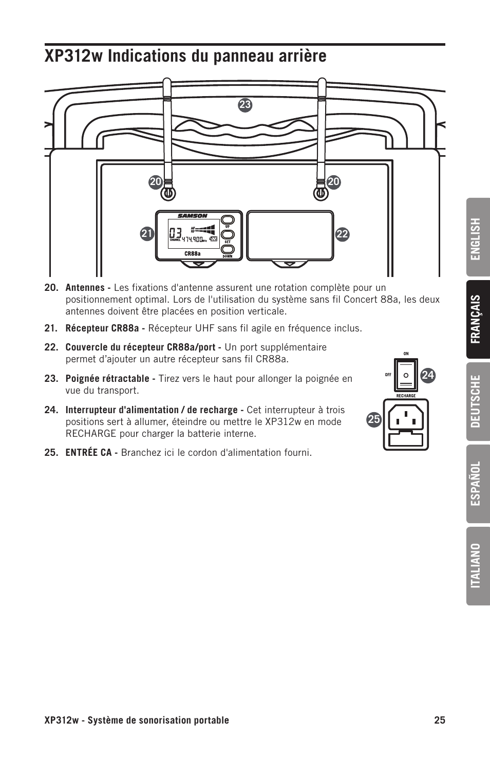 Xp312w indications du panneau arrière | Samson Expedition XP312w-D 12" 300W Portable PA System with Wireless Microphone (Band D: 542 to 566 MHz) User Manual | Page 25 / 88