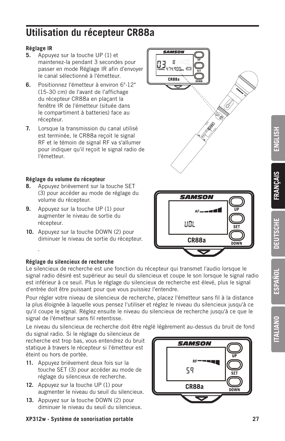 Utilisation du récepteur cr88a | Samson Expedition XP312w-D 12" 300W Portable PA System with Wireless Microphone (Band D: 542 to 566 MHz) User Manual | Page 27 / 88