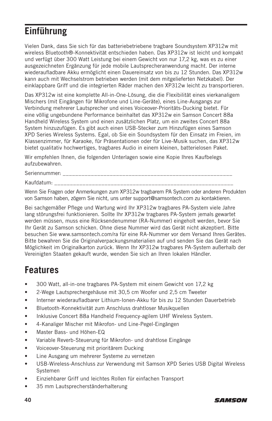 Einführung, Features | Samson Expedition XP312w-D 12" 300W Portable PA System with Wireless Microphone (Band D: 542 to 566 MHz) User Manual | Page 40 / 88