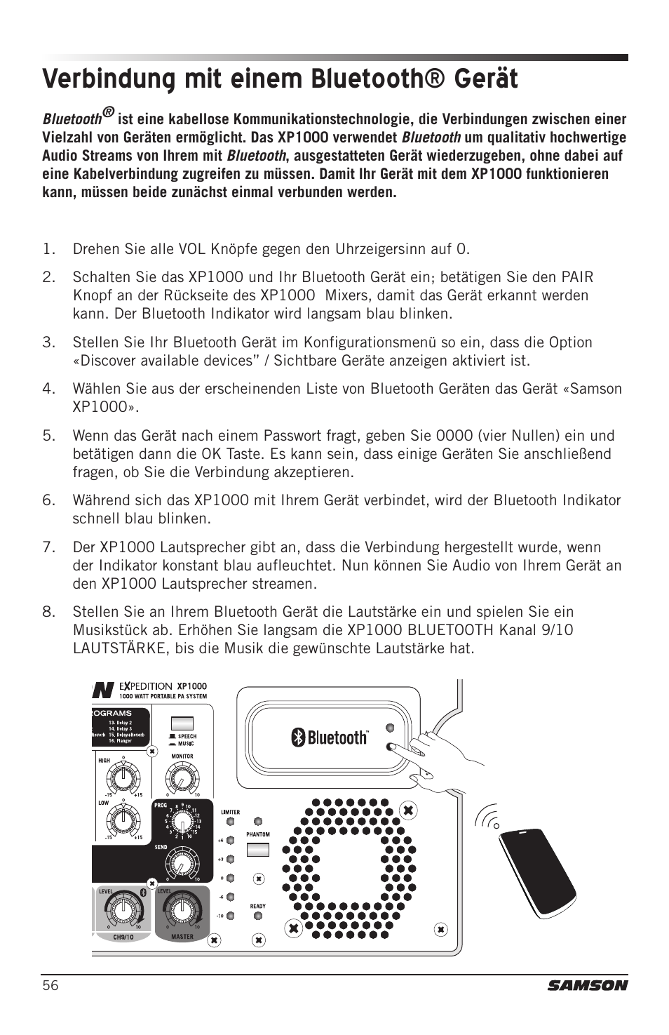 Verbindung mit einem bluetooth® gerät | Samson Expedition XP1000 1,000W Portable PA System User Manual | Page 56 / 112