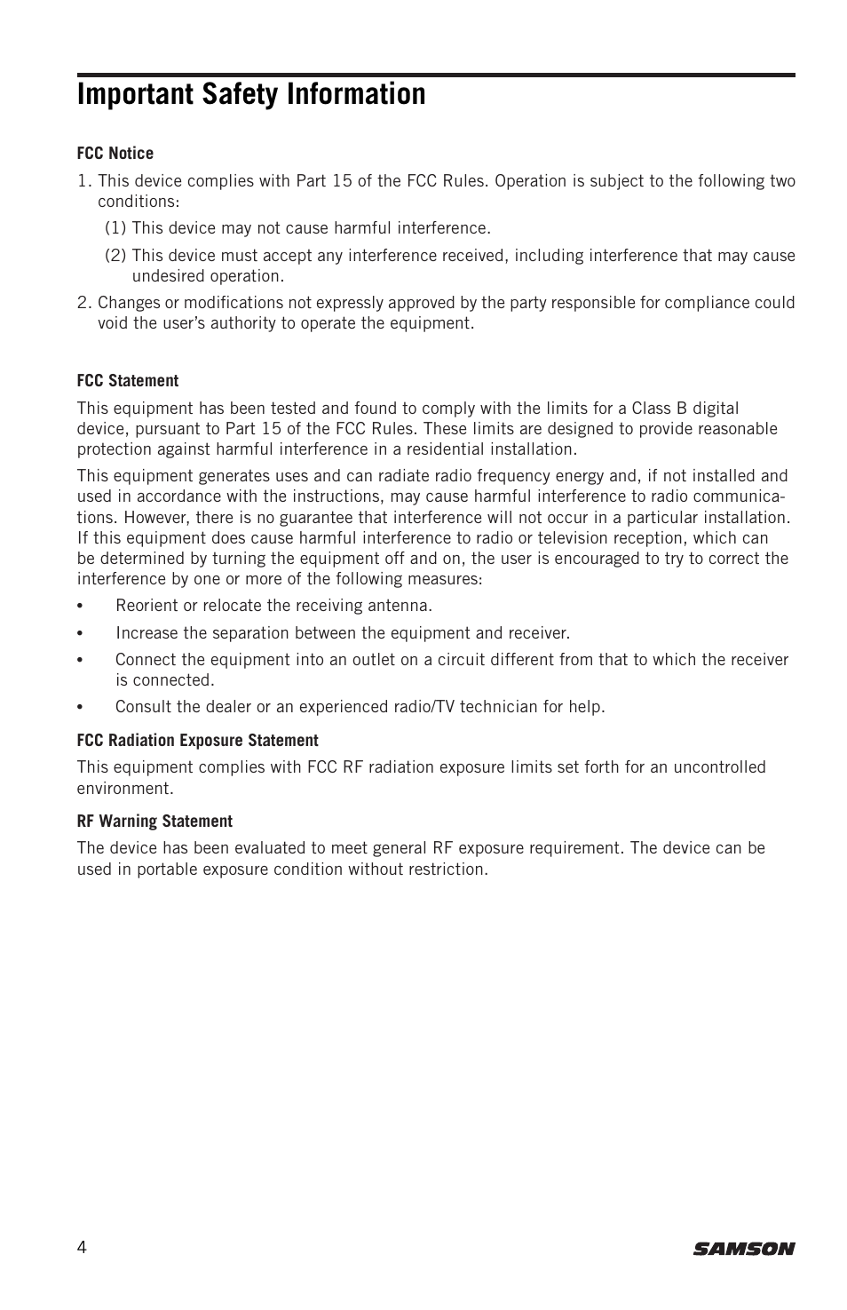 Important safety information | Samson Expedition XP300 6" 2-Way 300W All-in-One Portable Bluetooth-Enabled Stereo PA System User Manual | Page 4 / 72