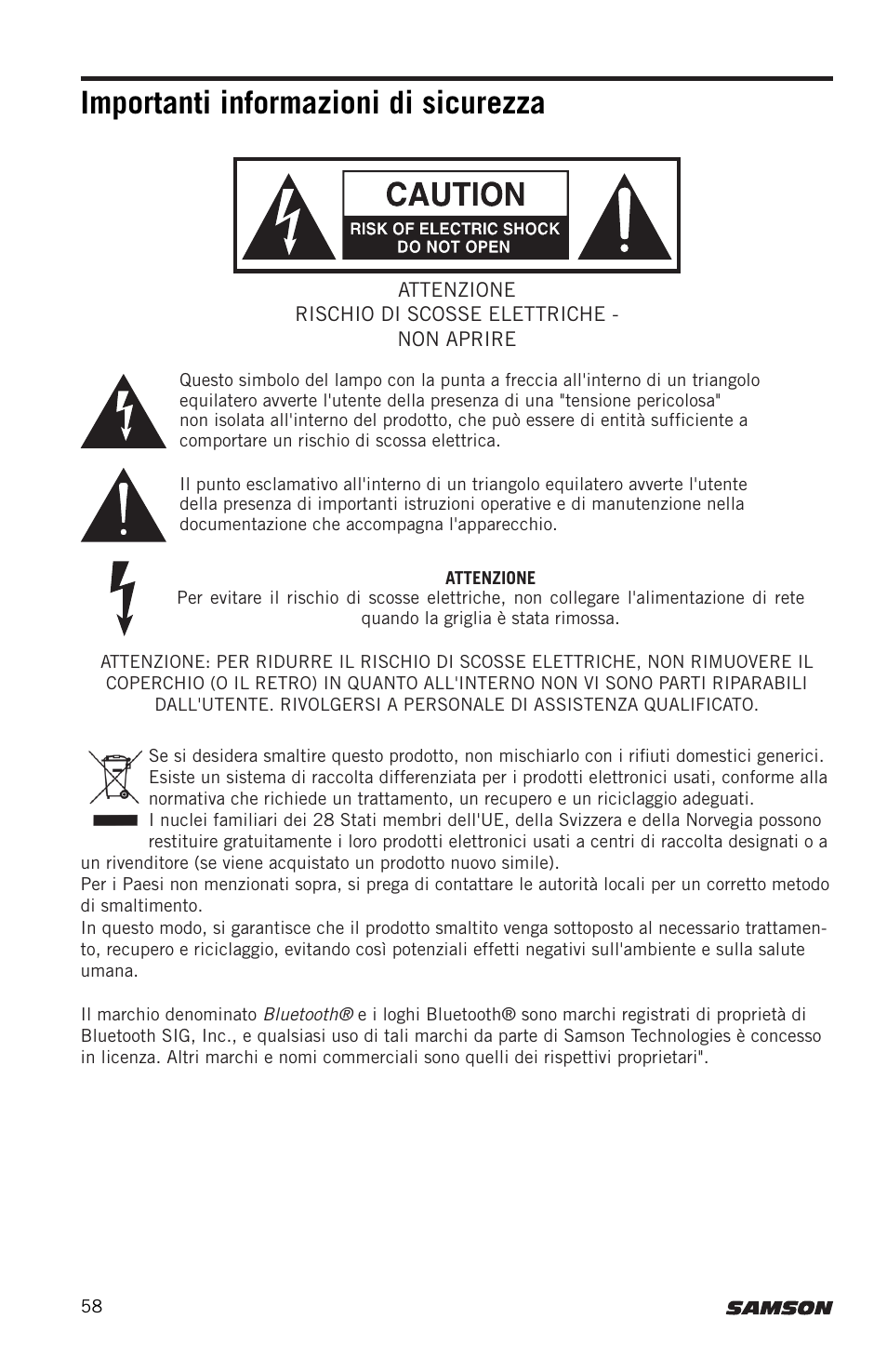 Importanti informazioni di sicurezza | Samson Expedition XP300 6" 2-Way 300W All-in-One Portable Bluetooth-Enabled Stereo PA System User Manual | Page 58 / 72