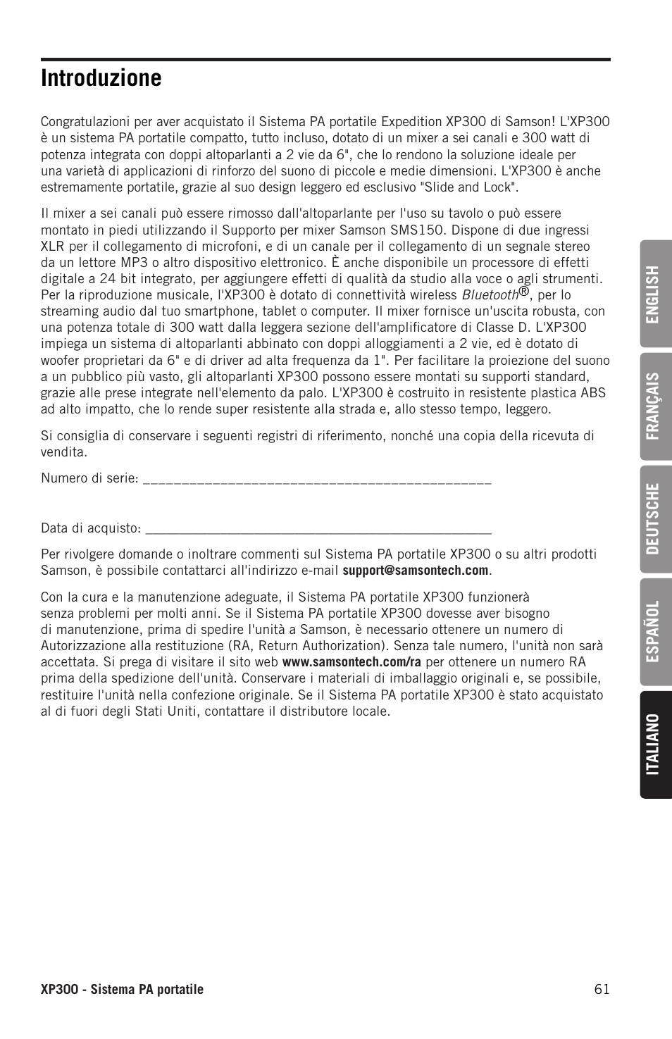 Introduzione | Samson Expedition XP300 6" 2-Way 300W All-in-One Portable Bluetooth-Enabled Stereo PA System User Manual | Page 61 / 72