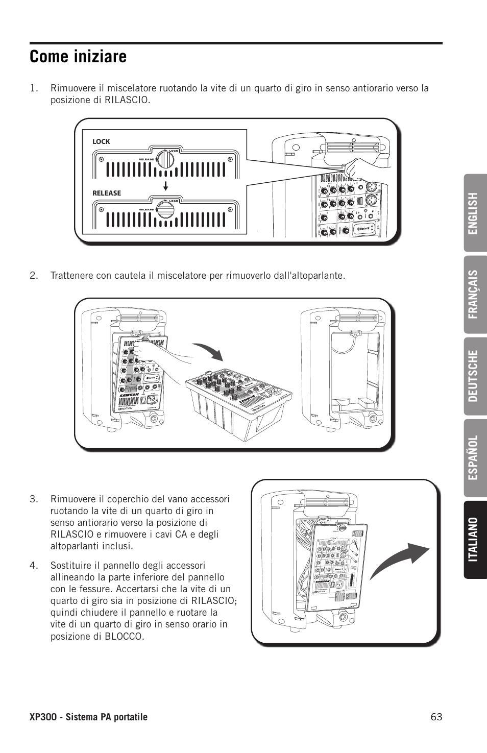 Come iniziare | Samson Expedition XP300 6" 2-Way 300W All-in-One Portable Bluetooth-Enabled Stereo PA System User Manual | Page 63 / 72