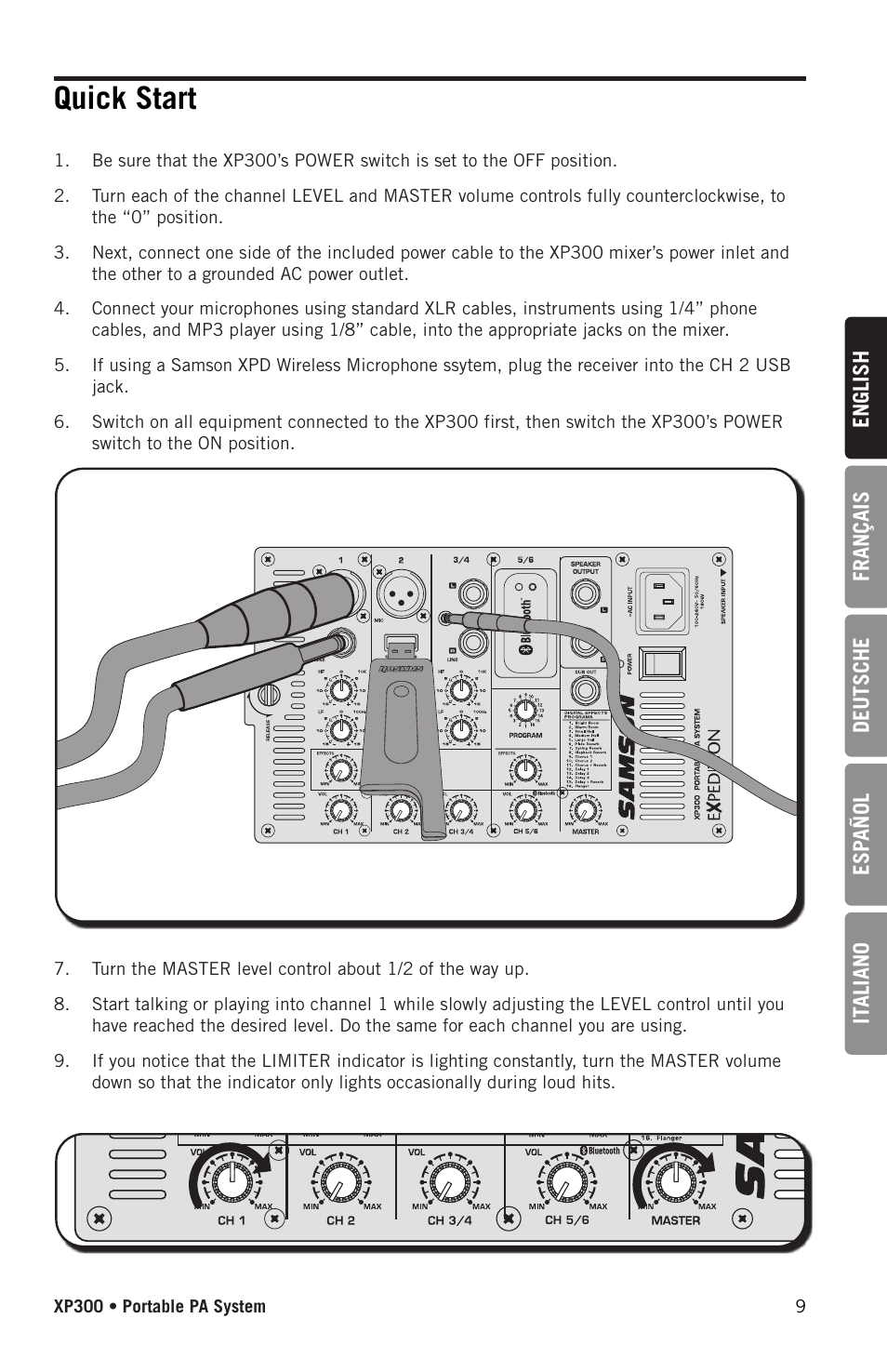 Quick start | Samson Expedition XP300 6" 2-Way 300W All-in-One Portable Bluetooth-Enabled Stereo PA System User Manual | Page 9 / 72