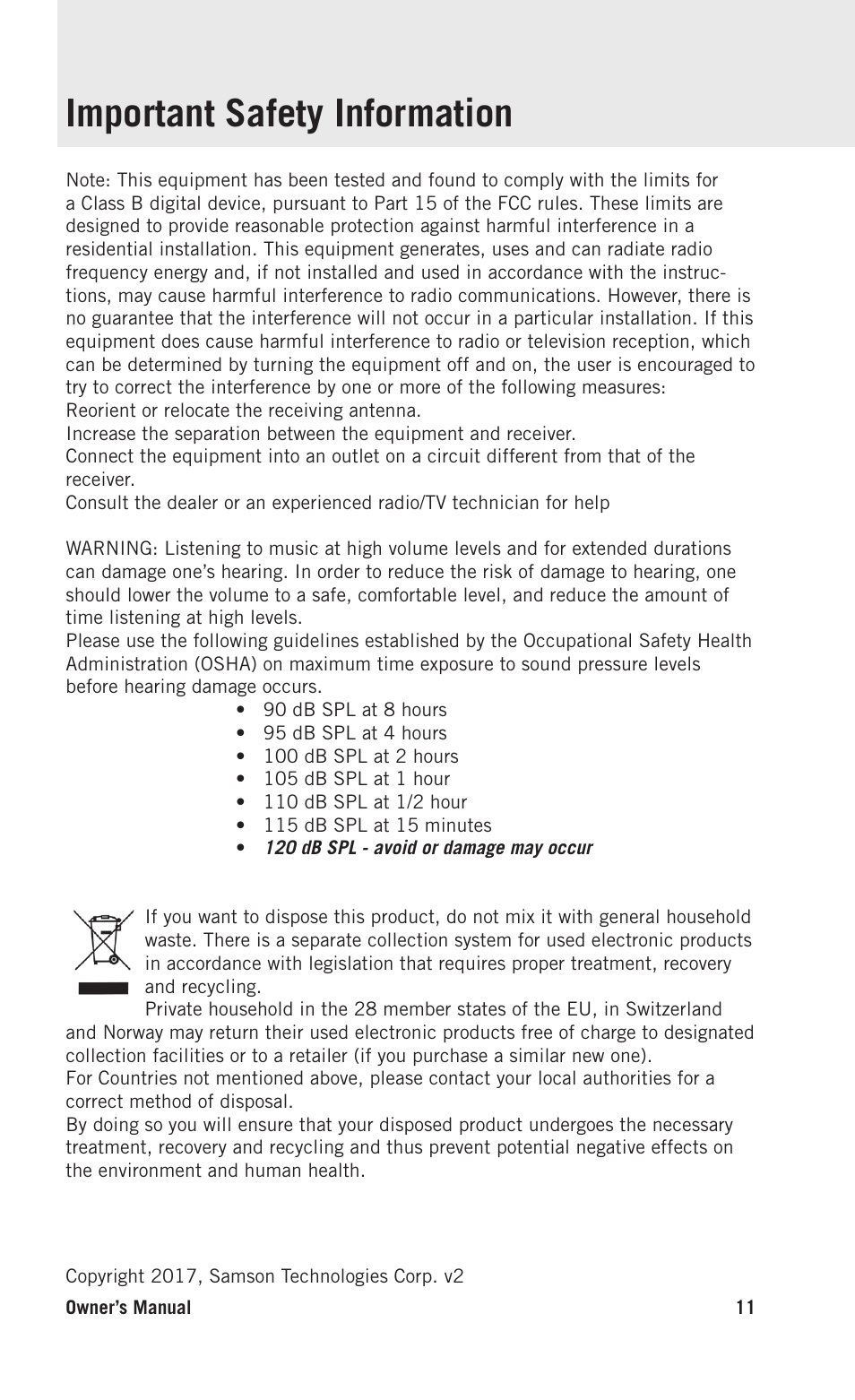 Important safety information | Samson G-Track Pro USB Microphone with Built-In Audio Interface (Black) User Manual | Page 11 / 12