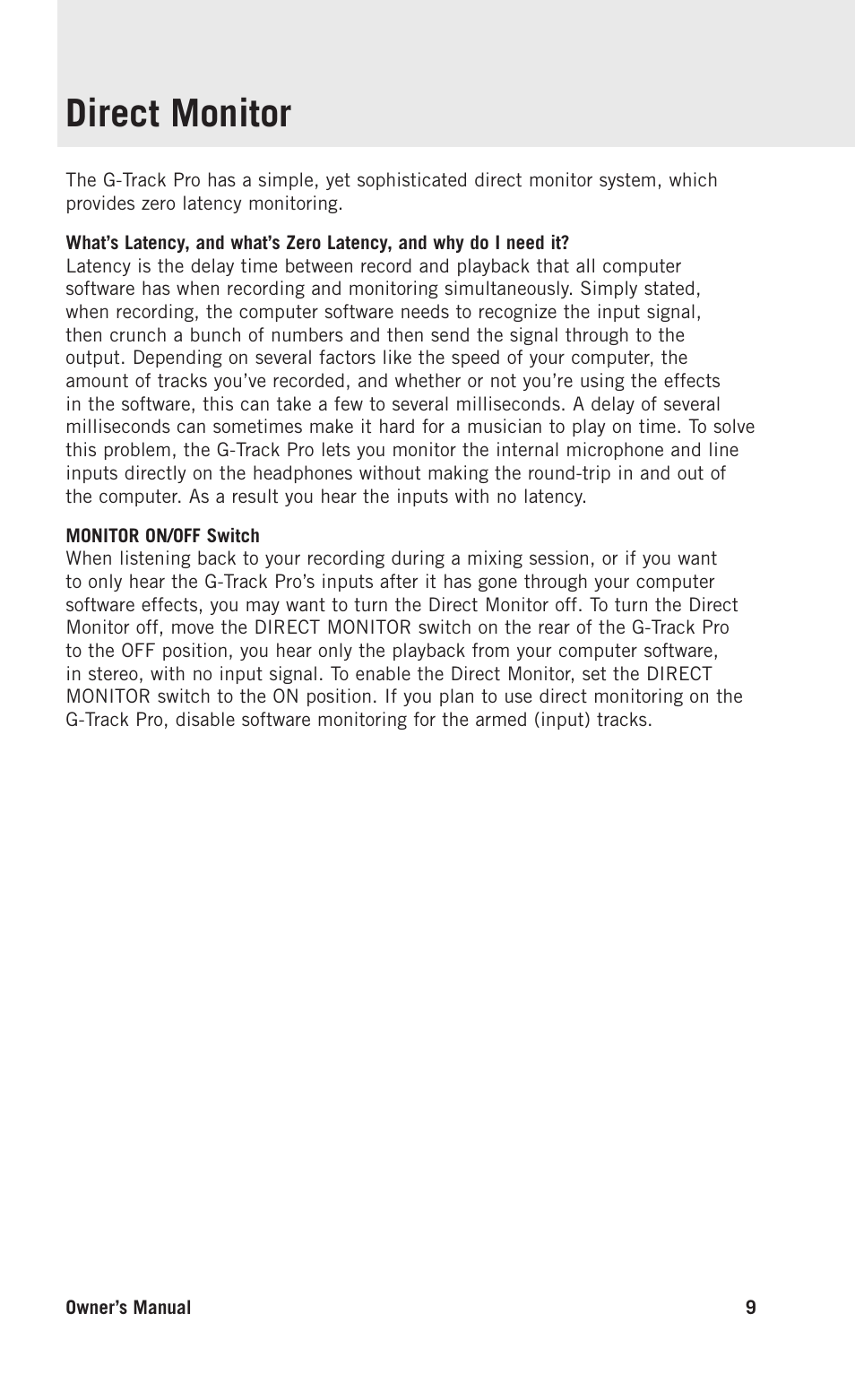 Direct monitor | Samson G-Track Pro USB Microphone with Built-In Audio Interface (Black) User Manual | Page 9 / 12