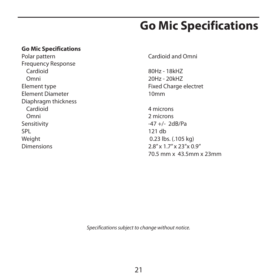 Go mic specifications | Samson Go Mic USB Microphone for Mac and Windows Computers (Silver) User Manual | Page 23 / 24