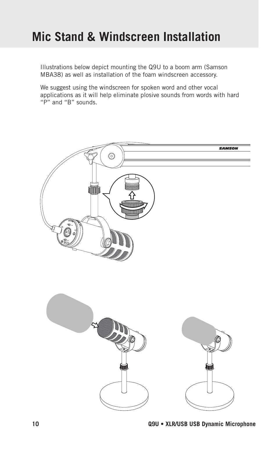 Mic stand & windscreen installation | Samson Q9U XLR/USB Dynamic Broadcast Microphone User Manual | Page 10 / 14