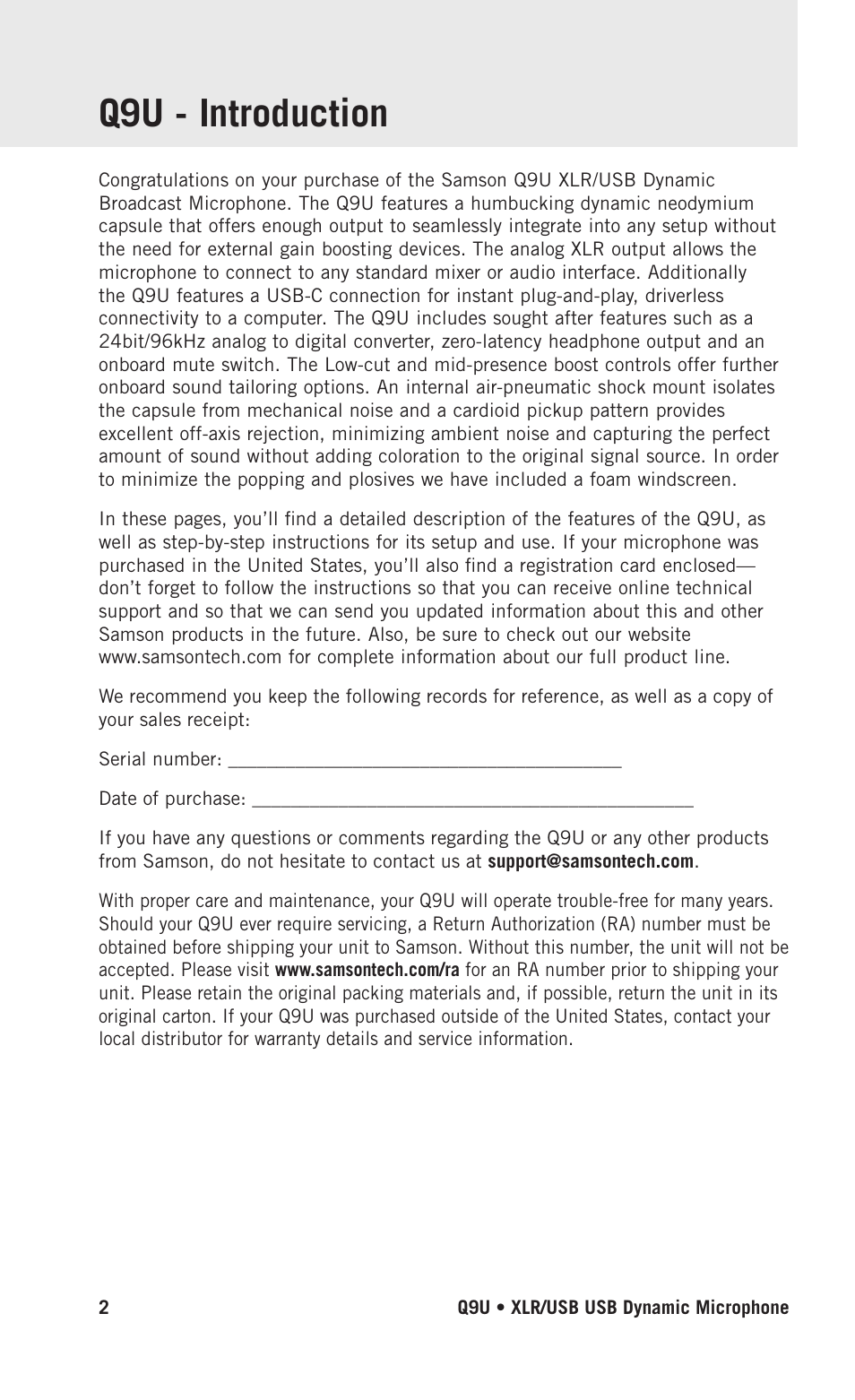 Q9u - introduction | Samson Q9U XLR/USB Dynamic Broadcast Microphone User Manual | Page 2 / 14