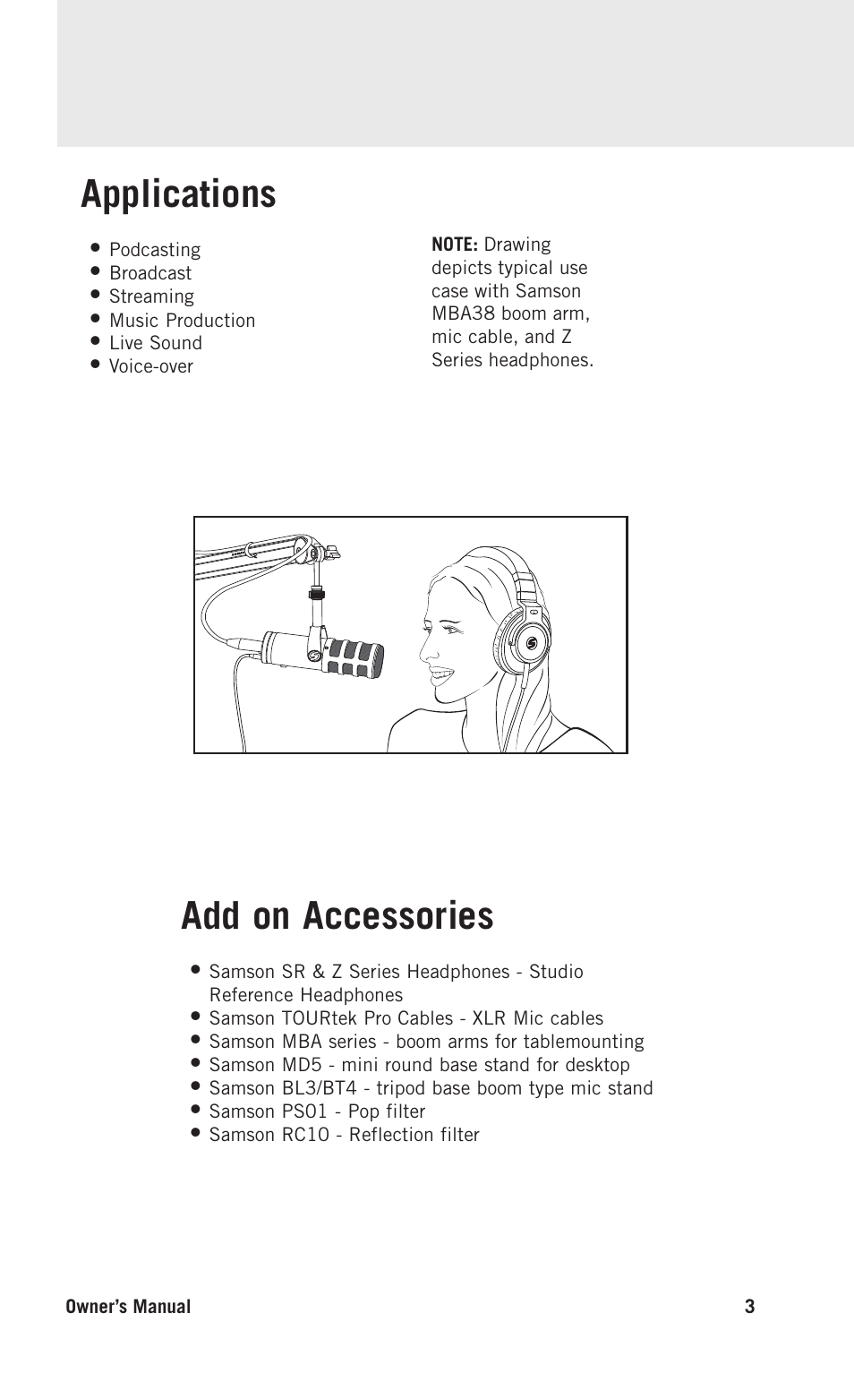 Applications, Add on accessories, Deutsche | Samson Q9U XLR/USB Dynamic Broadcast Microphone User Manual | Page 3 / 14