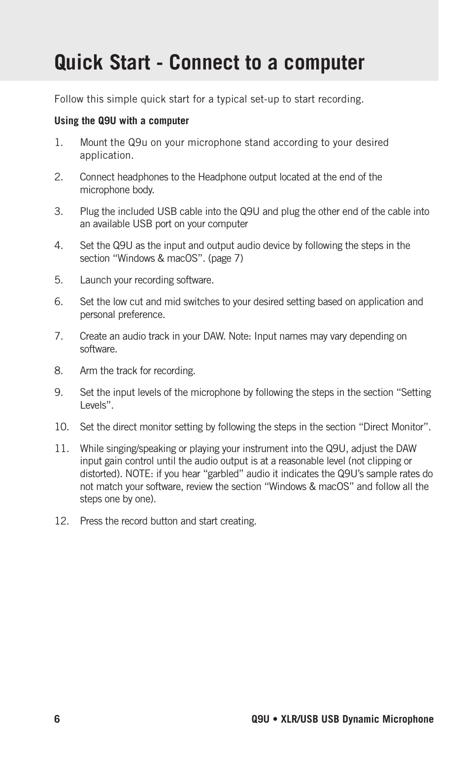 Quick start - connect to a computer | Samson Q9U XLR/USB Dynamic Broadcast Microphone User Manual | Page 6 / 14