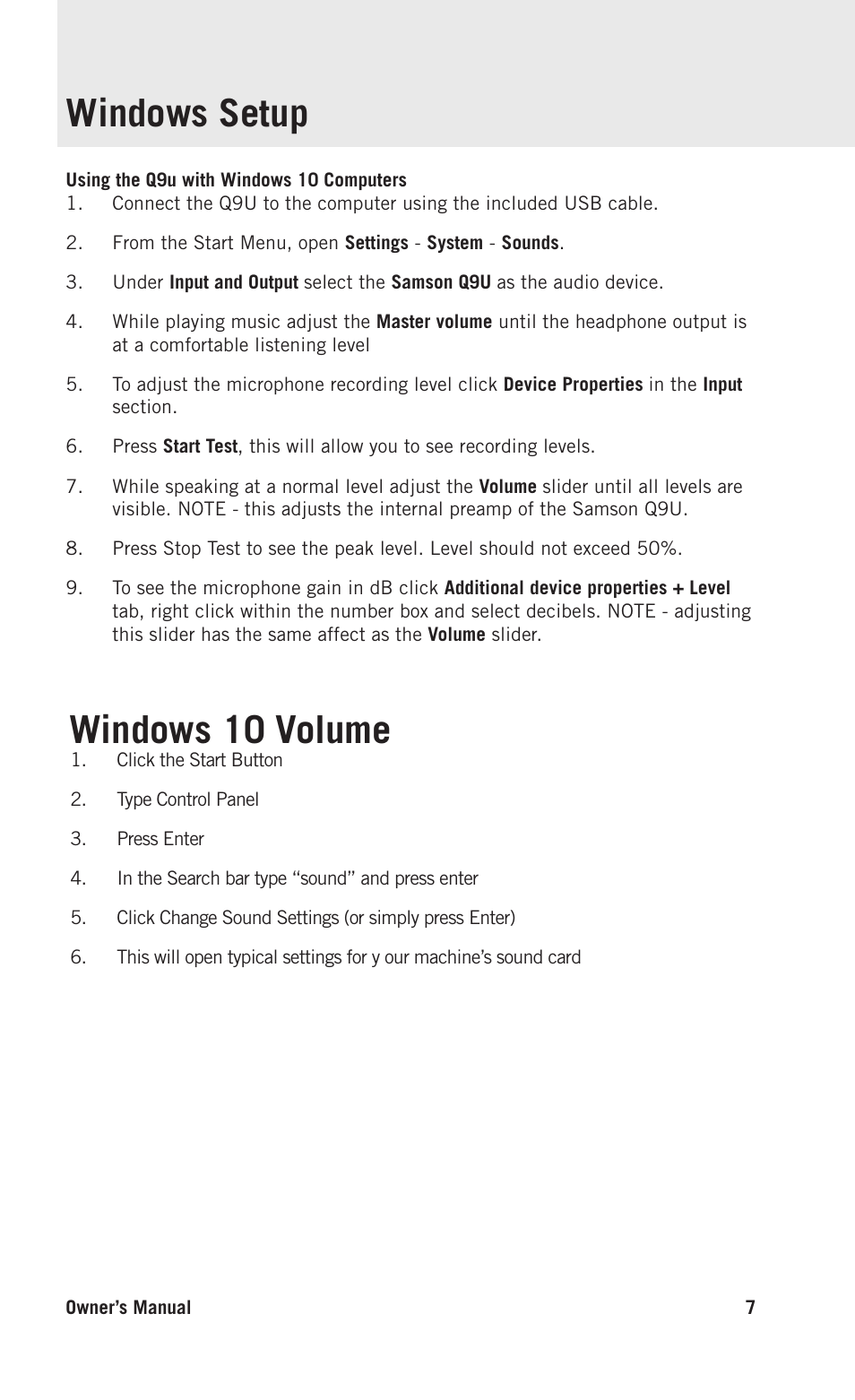 Windows setup, Windows 10 volume, Deutsche | Samson Q9U XLR/USB Dynamic Broadcast Microphone User Manual | Page 7 / 14