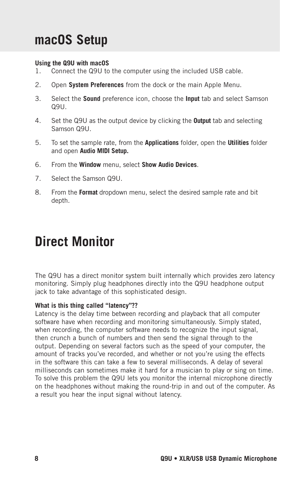 Macos setup, Direct monitor | Samson Q9U XLR/USB Dynamic Broadcast Microphone User Manual | Page 8 / 14