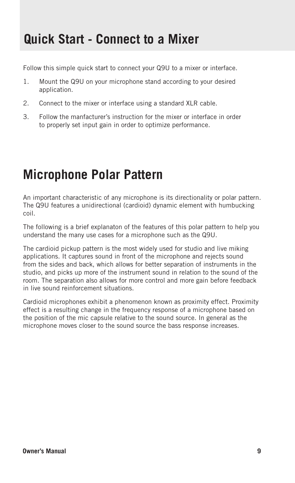 Quick start - connect to a mixer, Microphone polar pattern, Deutsche | Samson Q9U XLR/USB Dynamic Broadcast Microphone User Manual | Page 9 / 14