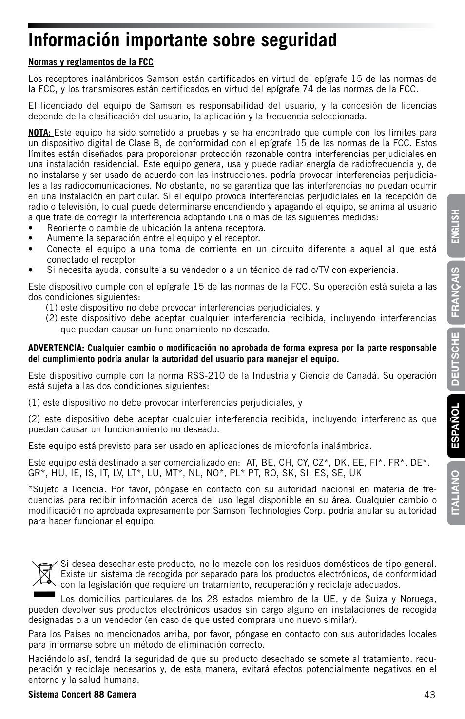 Información importante sobre seguridad | Samson Concert 88 CR88XV Camera-Mount Wireless Receiver (D: 542 to 566 MHz) User Manual | Page 43 / 68