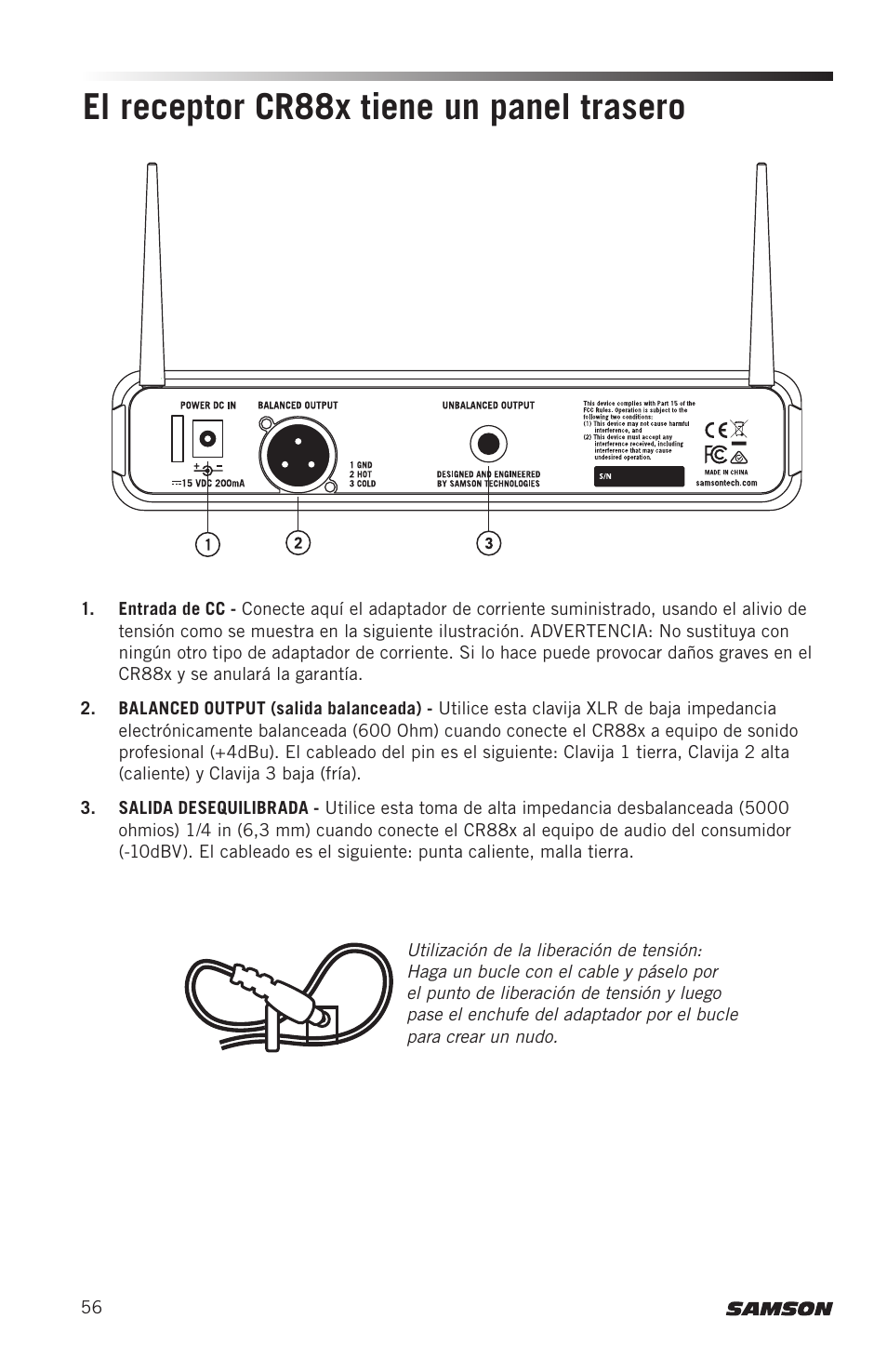 El receptor cr88x tiene un panel trasero | Samson Concert 88x Wireless Lavalier Microphone System with LM10 Miniature Lav (D: 542 to 566 MHz) User Manual | Page 56 / 84