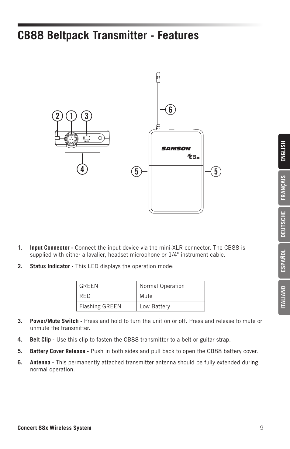 Cb88 beltpack transmitter - features | Samson Concert 88x Wireless Lavalier Microphone System with LM10 Miniature Lav (D: 542 to 566 MHz) User Manual | Page 9 / 84