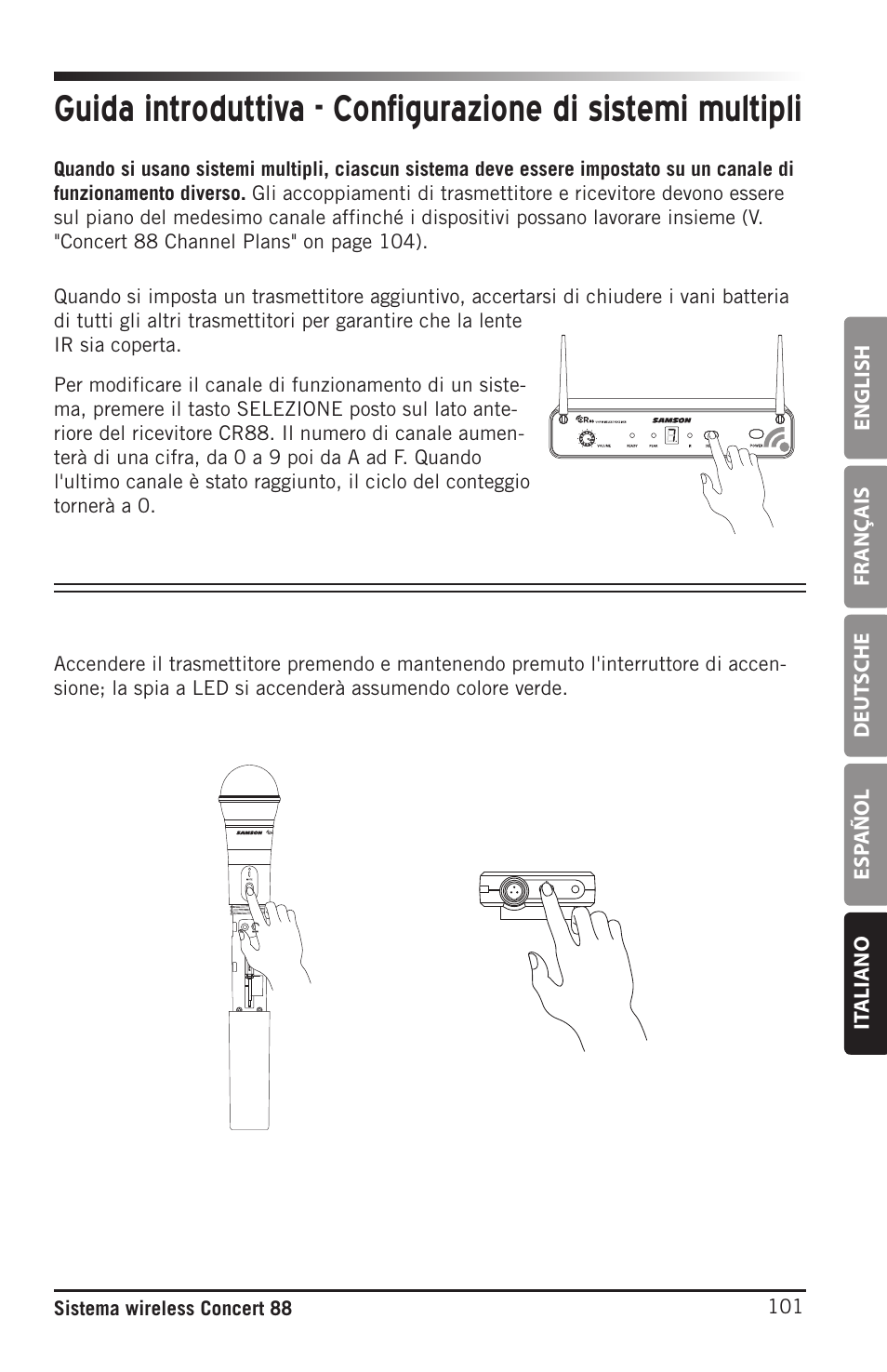 English fr anç ais deut sche esp añol it aliano | Samson Concert 88 Camera Combo UHF Camera Wireless System (D: 542 to 566 MHz) User Manual | Page 101 / 108