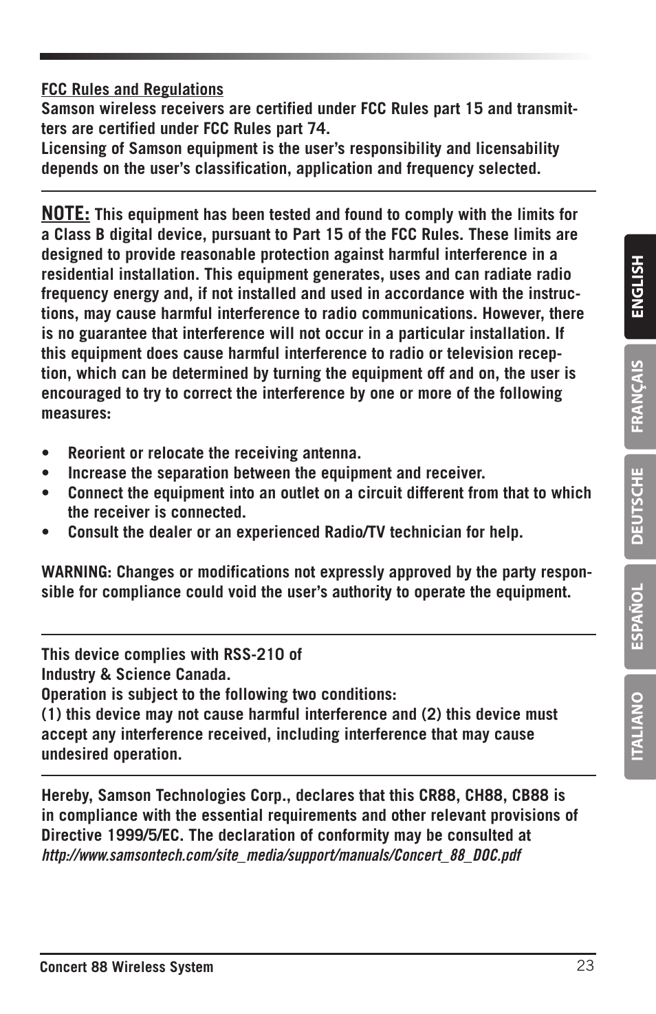 Samson Concert 88 Camera Combo UHF Camera Wireless System (D: 542 to 566 MHz) User Manual | Page 23 / 108