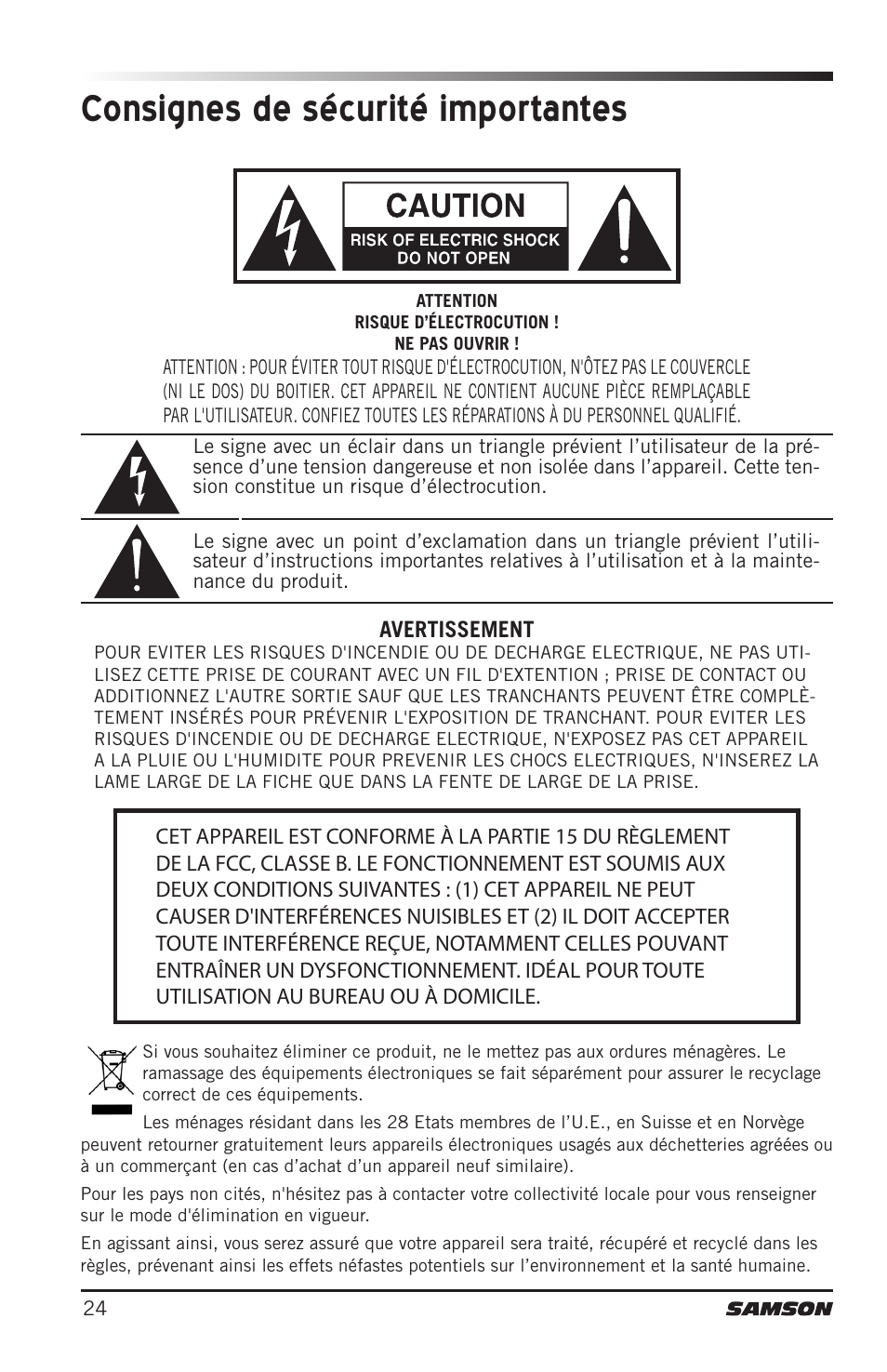 Consignes de sécurité importantes | Samson Concert 88 Camera Combo UHF Camera Wireless System (D: 542 to 566 MHz) User Manual | Page 24 / 108