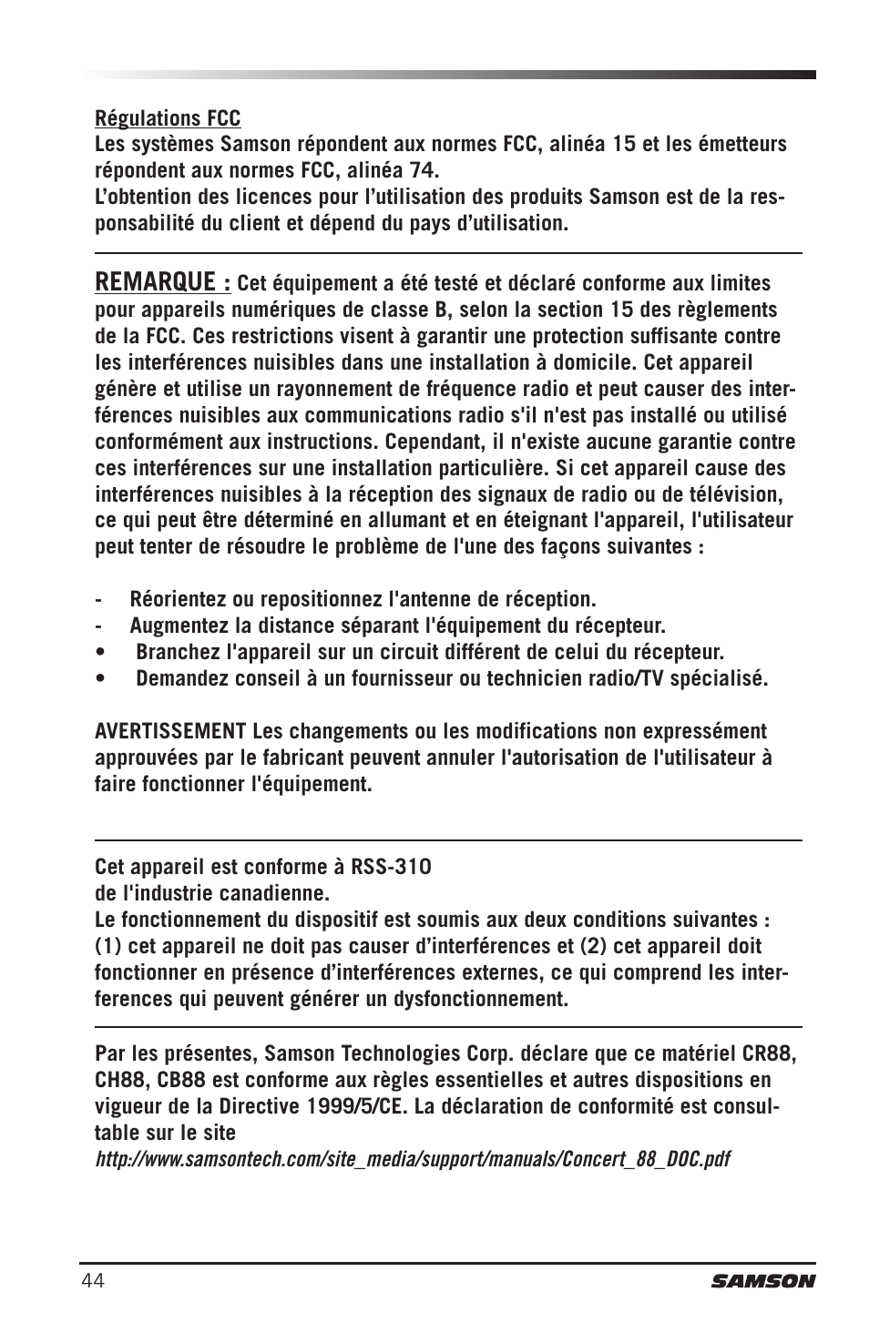 Remarque | Samson Concert 88 Camera Combo UHF Camera Wireless System (D: 542 to 566 MHz) User Manual | Page 44 / 108