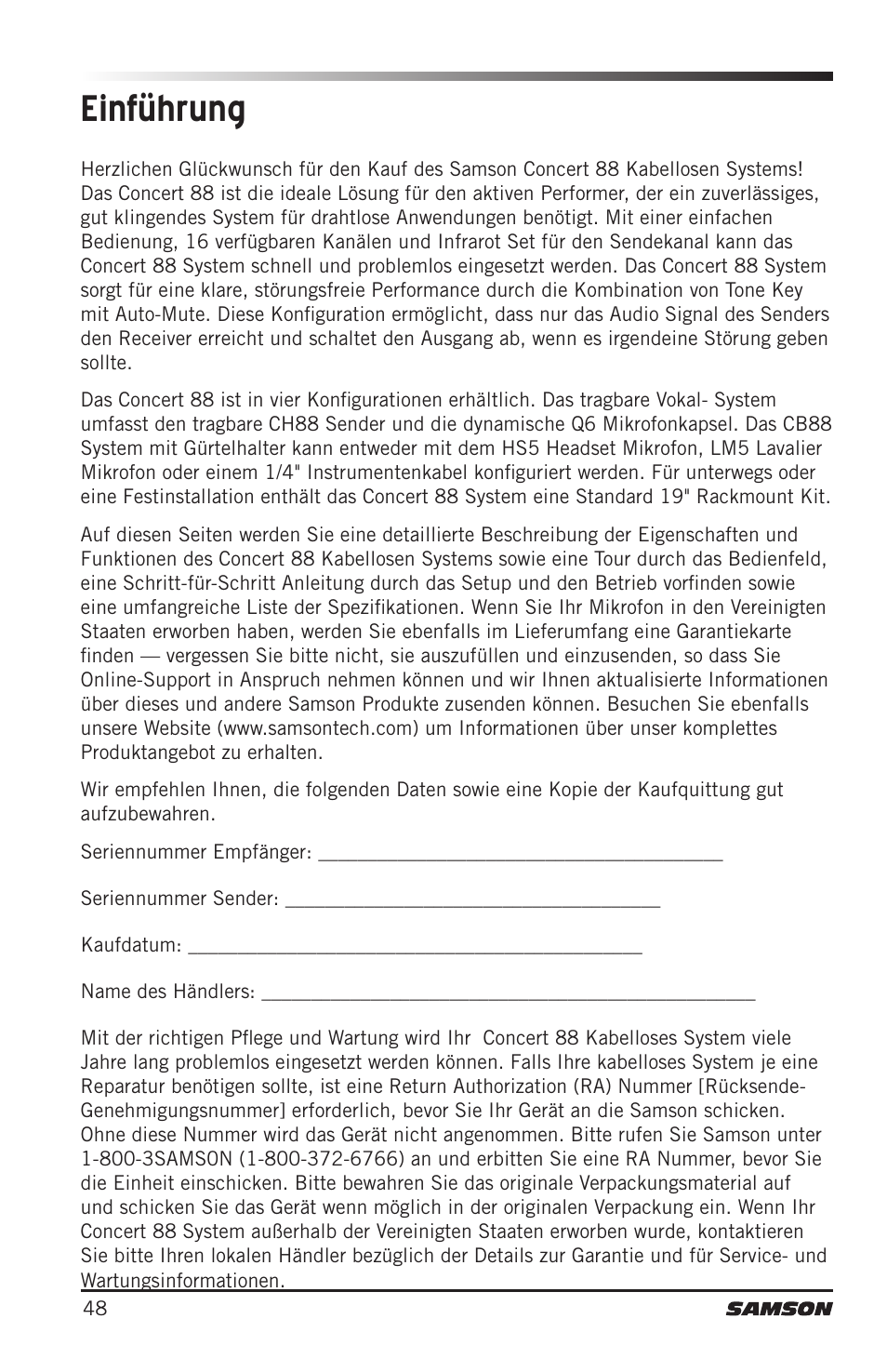 Einführung | Samson Concert 88 Camera Combo UHF Camera Wireless System (D: 542 to 566 MHz) User Manual | Page 48 / 108