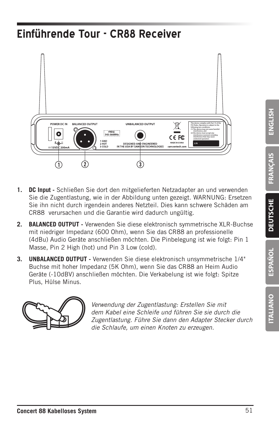 Einführende tour - cr88 receiver, English fr anç ais deut sche esp añol it aliano, 51 concert 88 kabelloses system | Samson Concert 88 Camera Combo UHF Camera Wireless System (D: 542 to 566 MHz) User Manual | Page 51 / 108