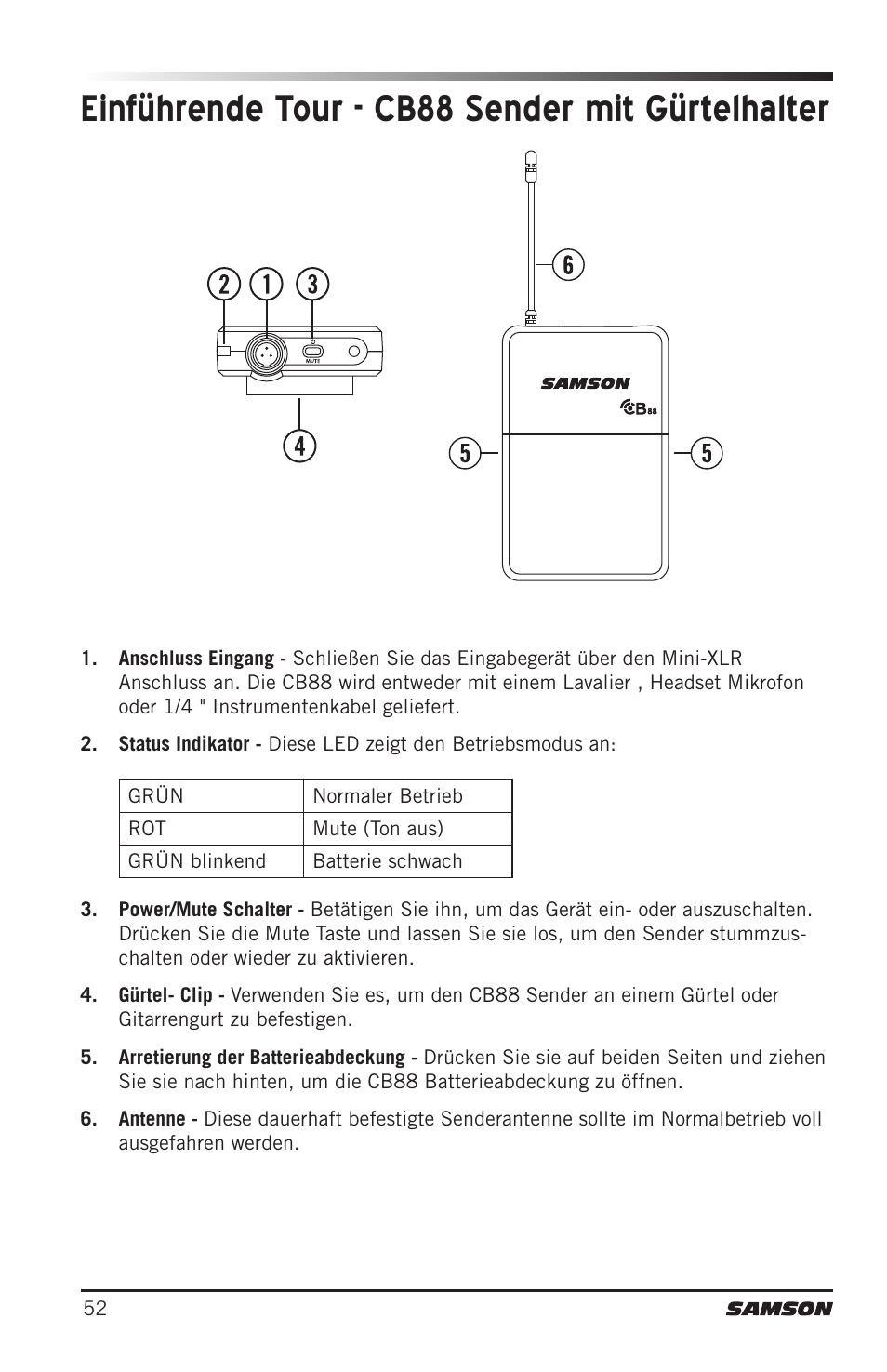 Einführende tour - cb88 sender mit gürtelhalter | Samson Concert 88 Camera Combo UHF Camera Wireless System (D: 542 to 566 MHz) User Manual | Page 52 / 108