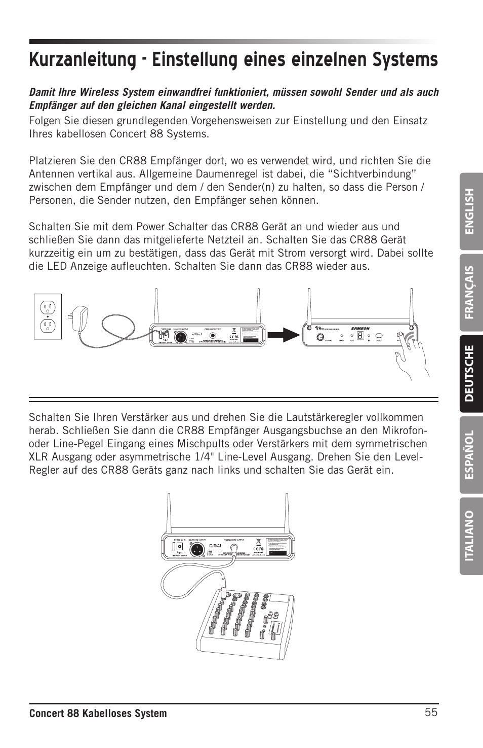 English fr anç ais deut sche esp añol it aliano, 55 concert 88 kabelloses system | Samson Concert 88 Camera Combo UHF Camera Wireless System (D: 542 to 566 MHz) User Manual | Page 55 / 108