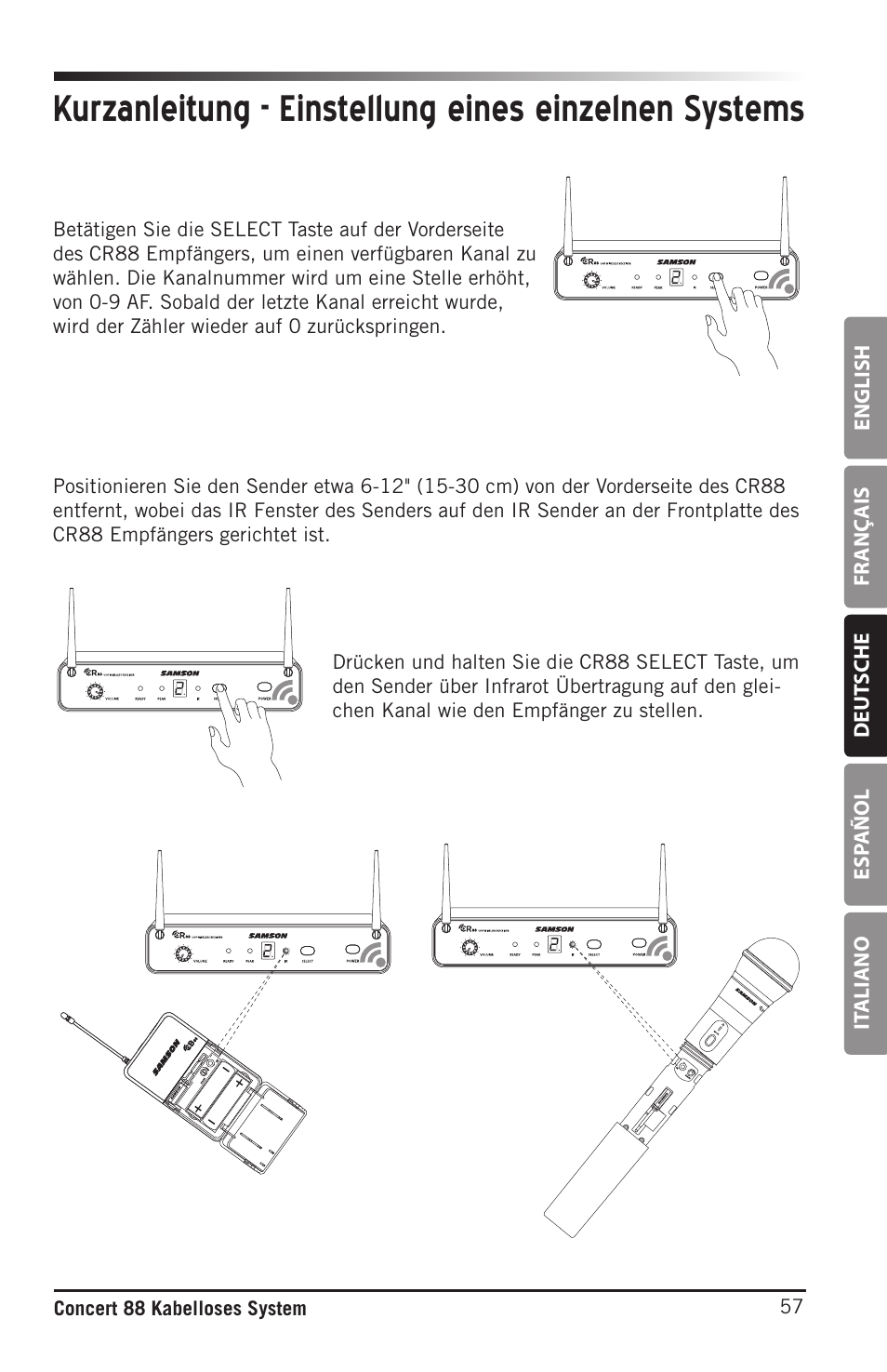 English fr anç ais deut sche esp añol it aliano, 57 concert 88 kabelloses system | Samson Concert 88 Camera Combo UHF Camera Wireless System (D: 542 to 566 MHz) User Manual | Page 57 / 108