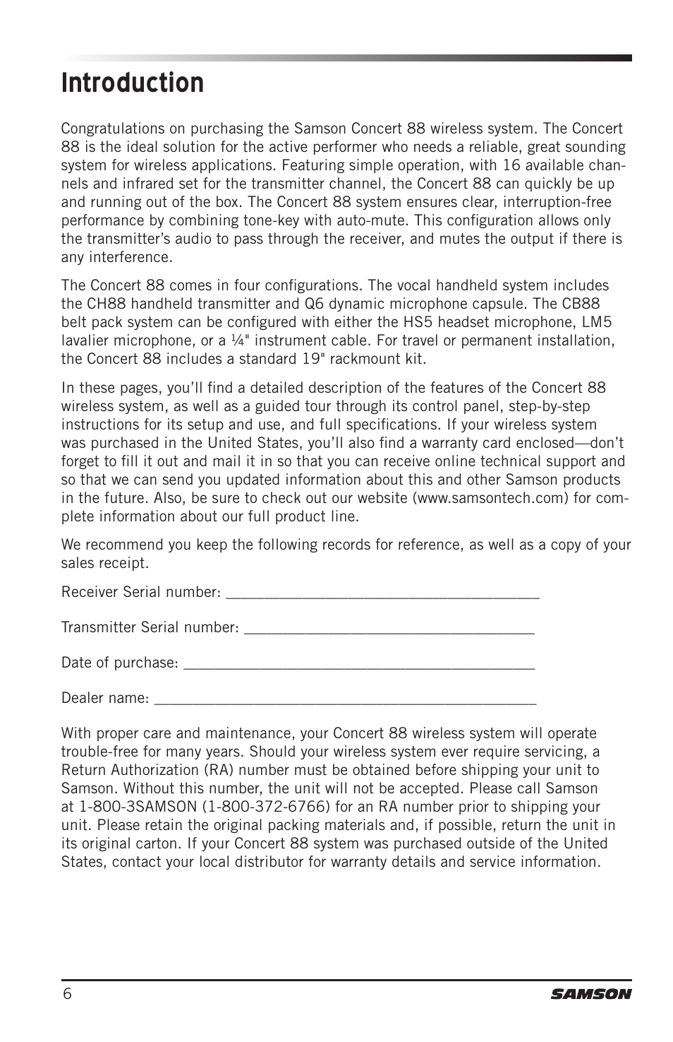 Introduction | Samson Concert 88 Camera Combo UHF Camera Wireless System (D: 542 to 566 MHz) User Manual | Page 6 / 108