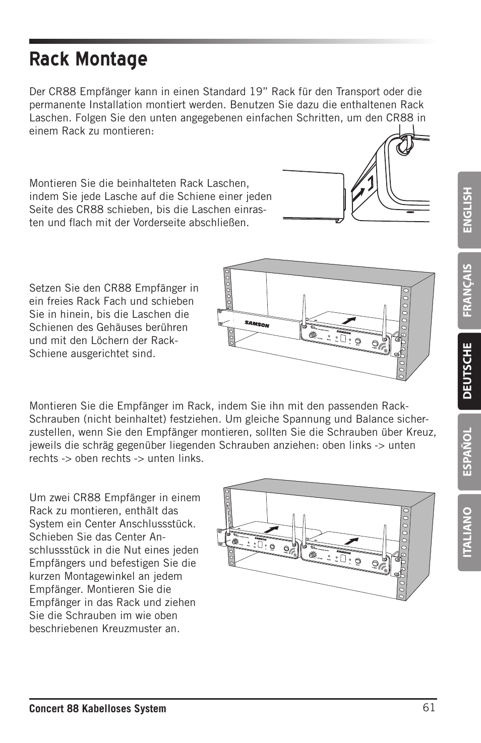 Rack montage | Samson Concert 88 Camera Combo UHF Camera Wireless System (D: 542 to 566 MHz) User Manual | Page 61 / 108