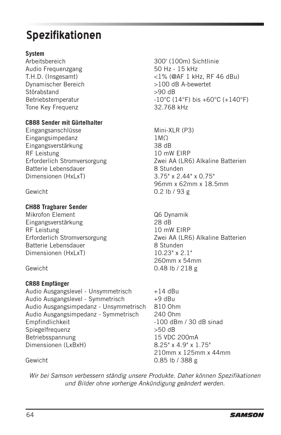 Spezifikationen | Samson Concert 88 Camera Combo UHF Camera Wireless System (D: 542 to 566 MHz) User Manual | Page 64 / 108