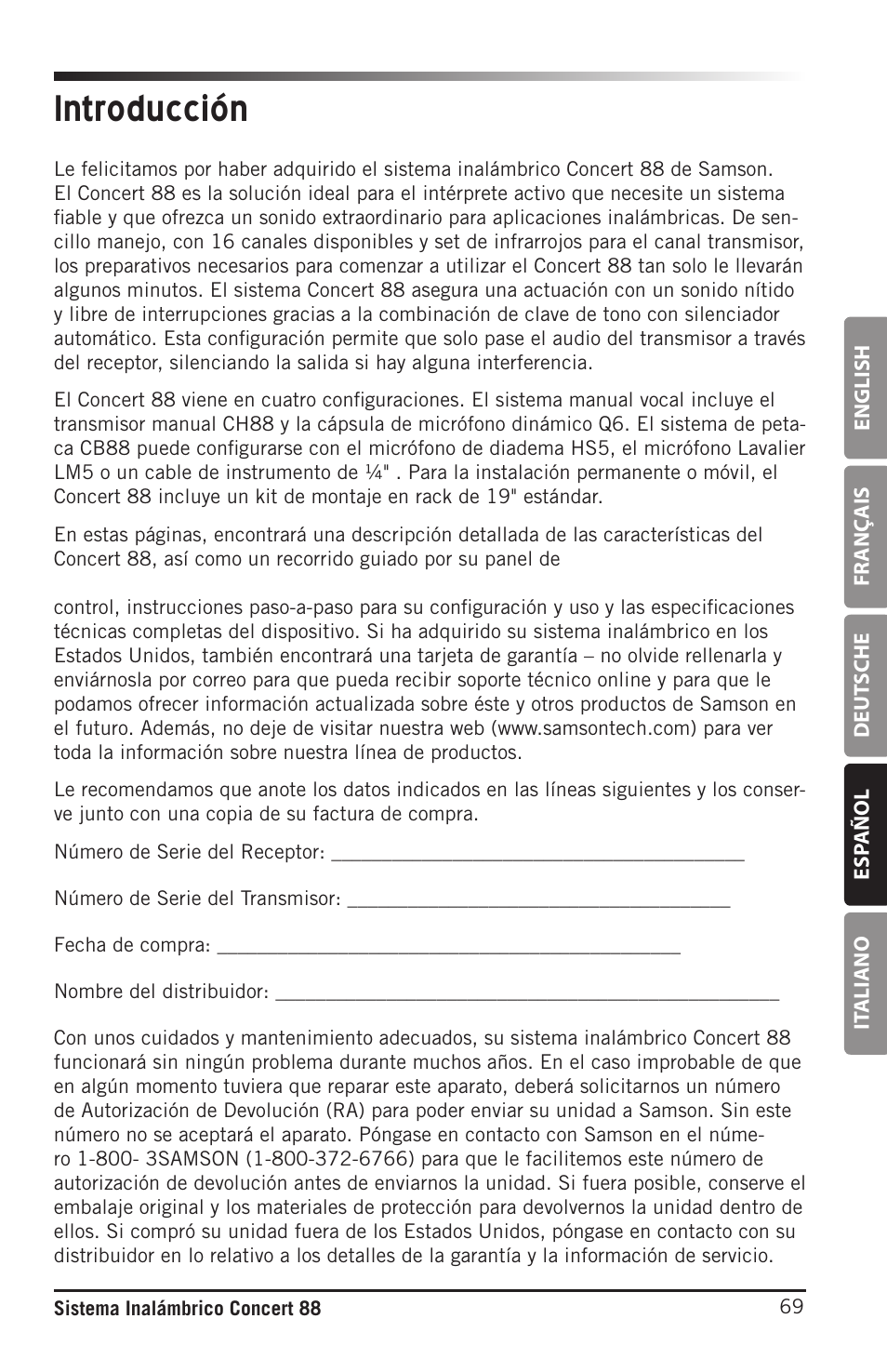 Introducción | Samson Concert 88 Camera Combo UHF Camera Wireless System (D: 542 to 566 MHz) User Manual | Page 69 / 108