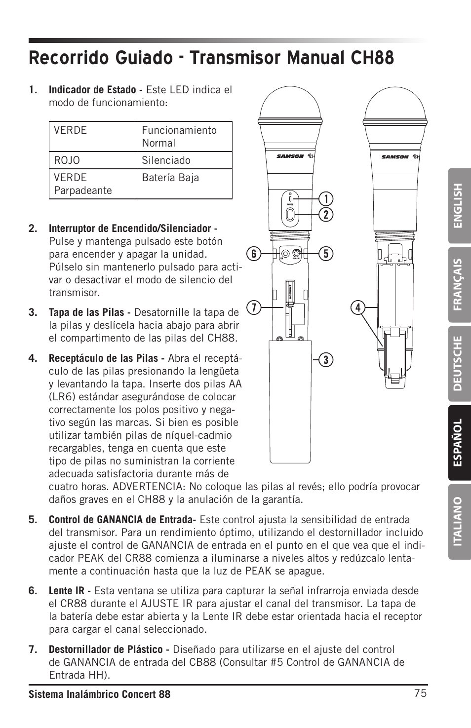 Recorrido guiado - transmisor manual ch88 | Samson Concert 88 Camera Combo UHF Camera Wireless System (D: 542 to 566 MHz) User Manual | Page 75 / 108