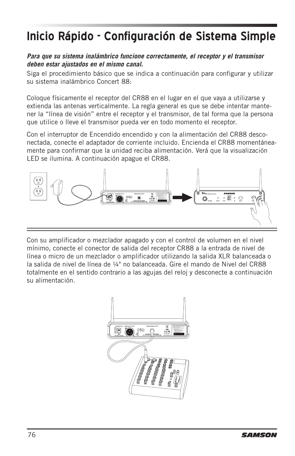 Inicio rápido - configuración de sistema simple | Samson Concert 88 Camera Combo UHF Camera Wireless System (D: 542 to 566 MHz) User Manual | Page 76 / 108