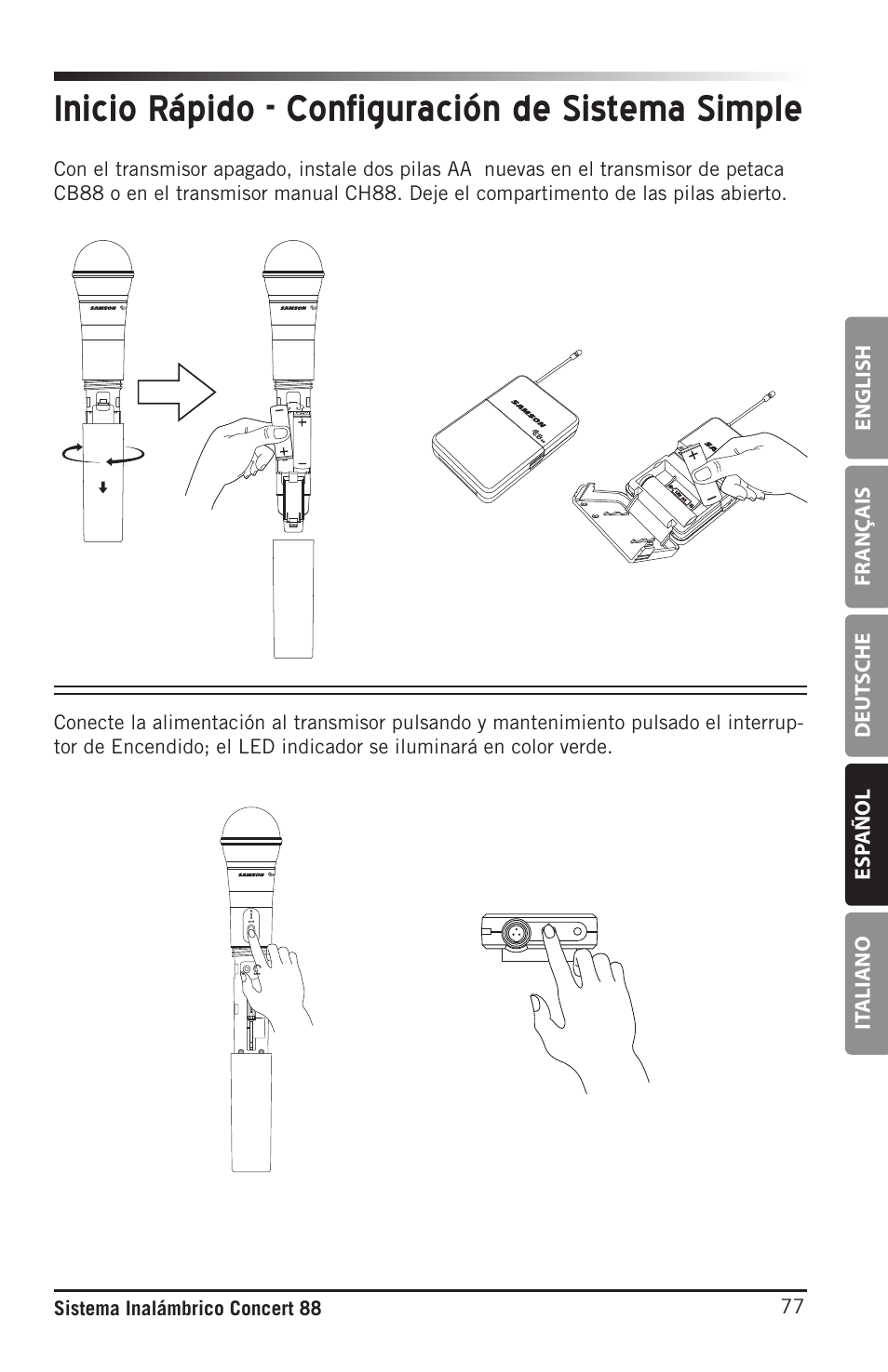 Inicio rápido - configuración de sistema simple, English fr anç ais deut sche esp añol it aliano, 77 sistema inalámbrico concert 88 | Samson Concert 88 Camera Combo UHF Camera Wireless System (D: 542 to 566 MHz) User Manual | Page 77 / 108