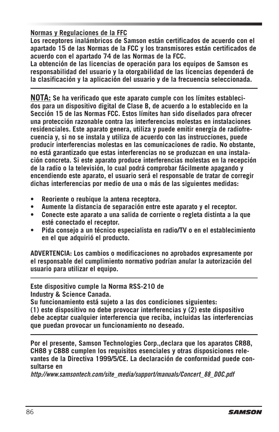 Nota | Samson Concert 88 Camera Combo UHF Camera Wireless System (D: 542 to 566 MHz) User Manual | Page 86 / 108