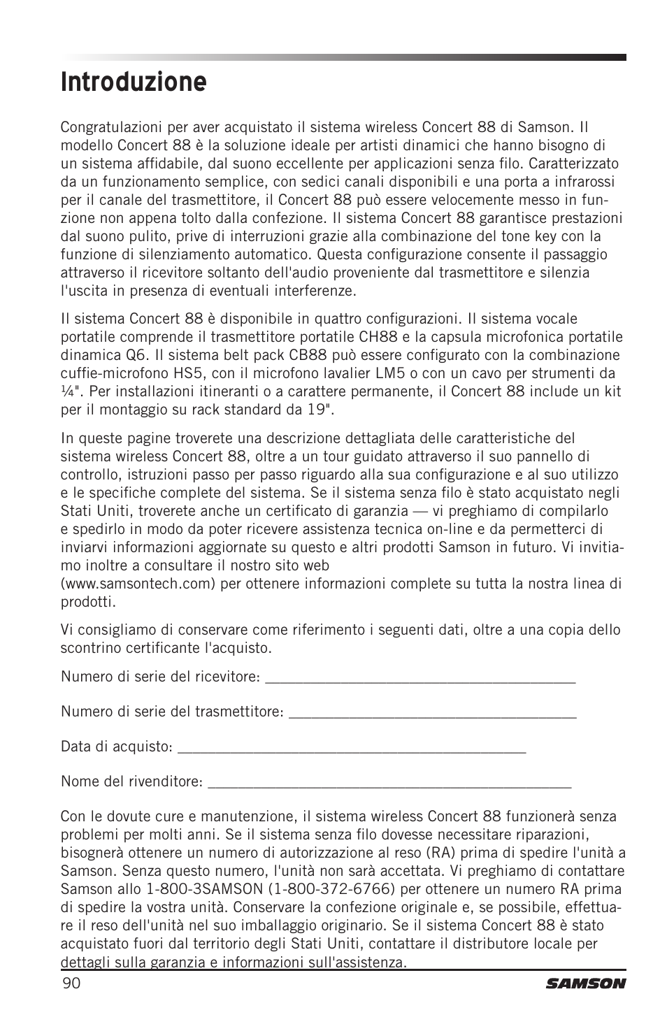 Introduzione | Samson Concert 88 Camera Combo UHF Camera Wireless System (D: 542 to 566 MHz) User Manual | Page 90 / 108