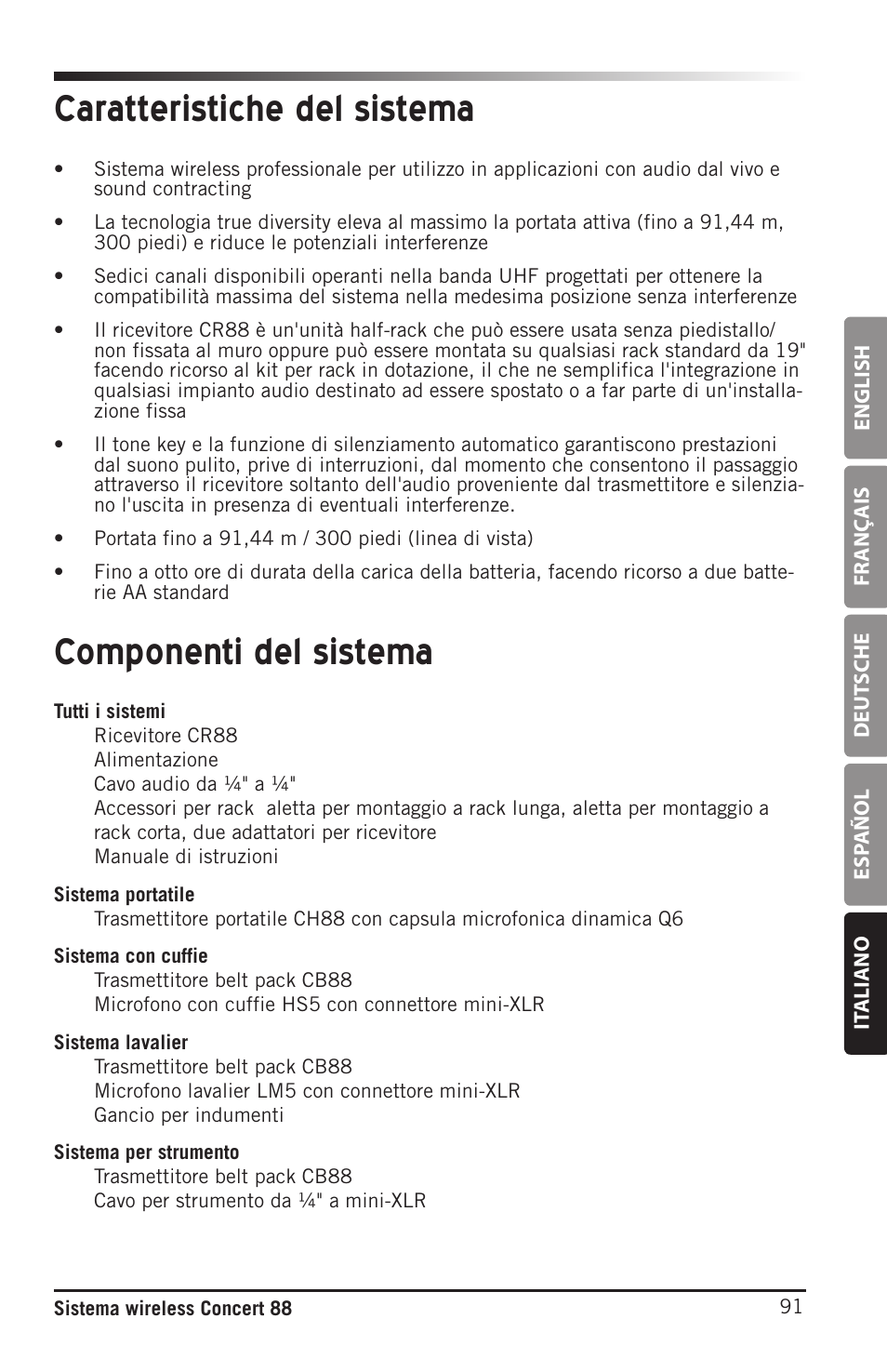 Componenti del sistema caratteristiche del sistema | Samson Concert 88 Camera Combo UHF Camera Wireless System (D: 542 to 566 MHz) User Manual | Page 91 / 108