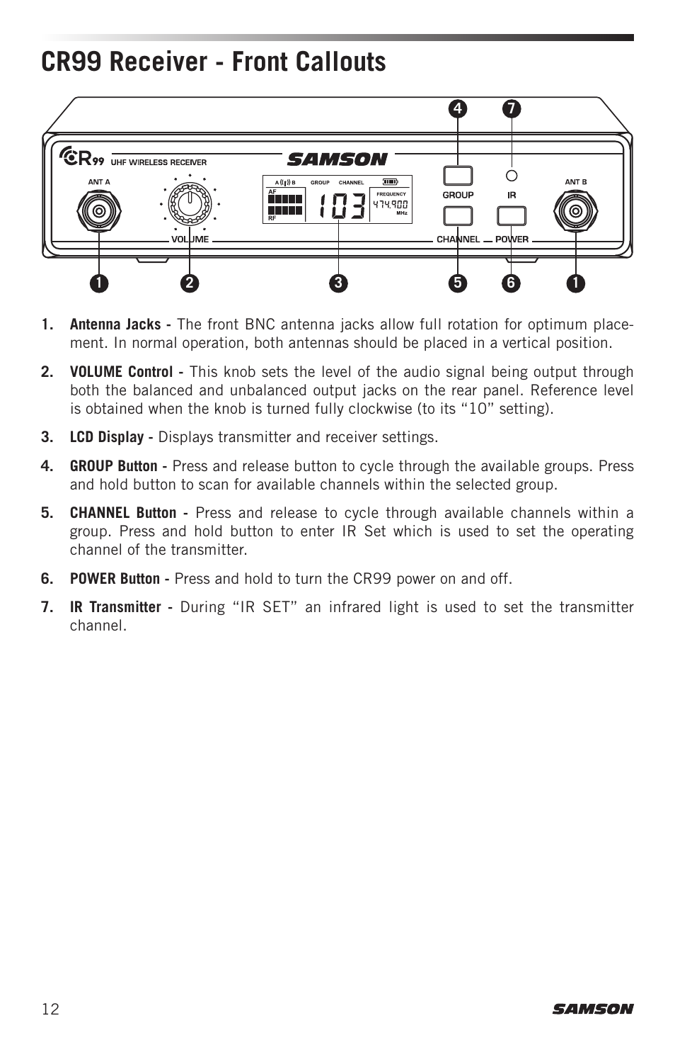 Cr99 receiver - front callouts | Samson Airline ALX Wireless UHF Lavalier System (K: 470 to 494 MHz) User Manual | Page 12 / 80